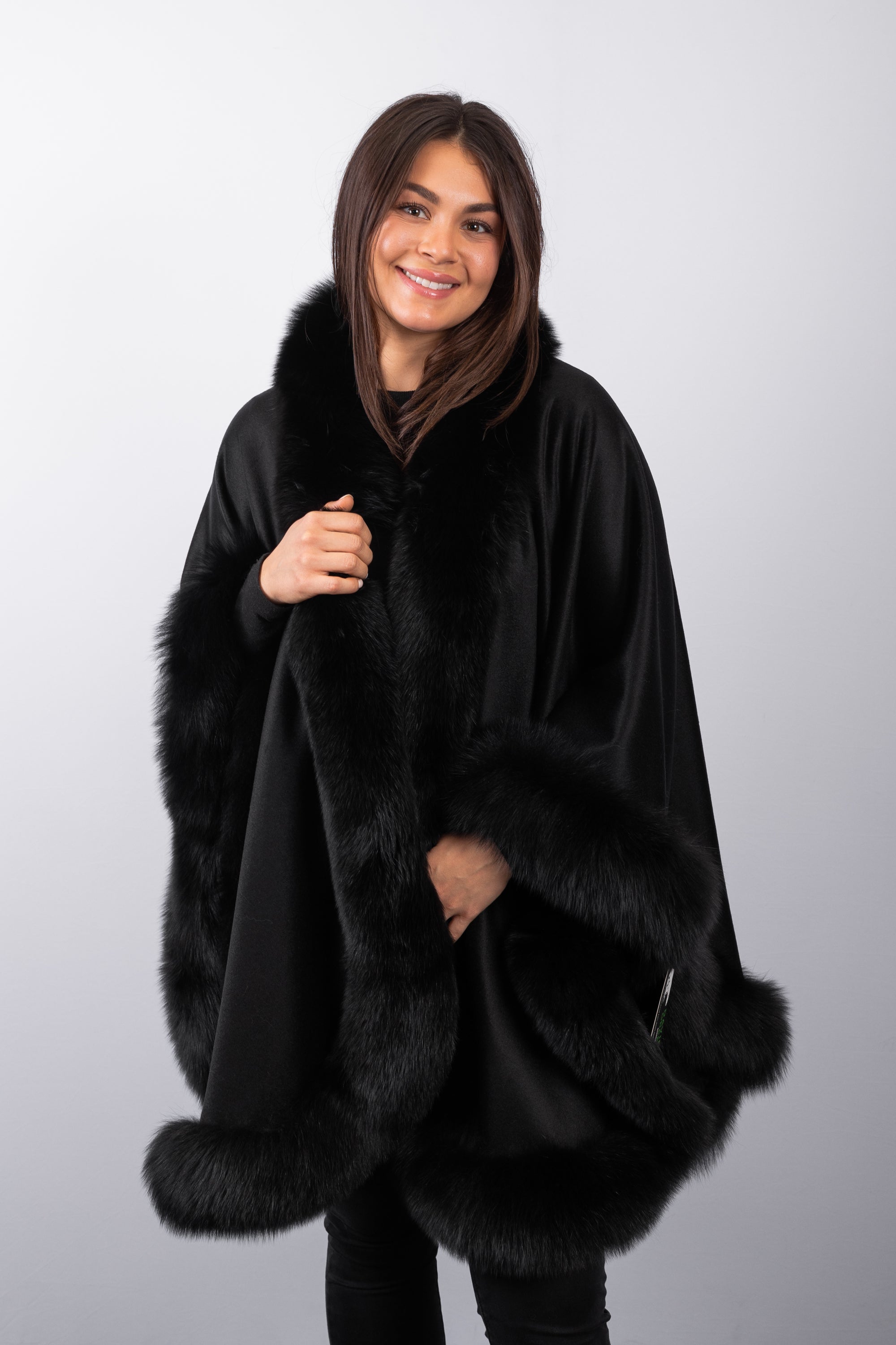 Black Cashmere Cape with Black Fox Fur Trim - Long
