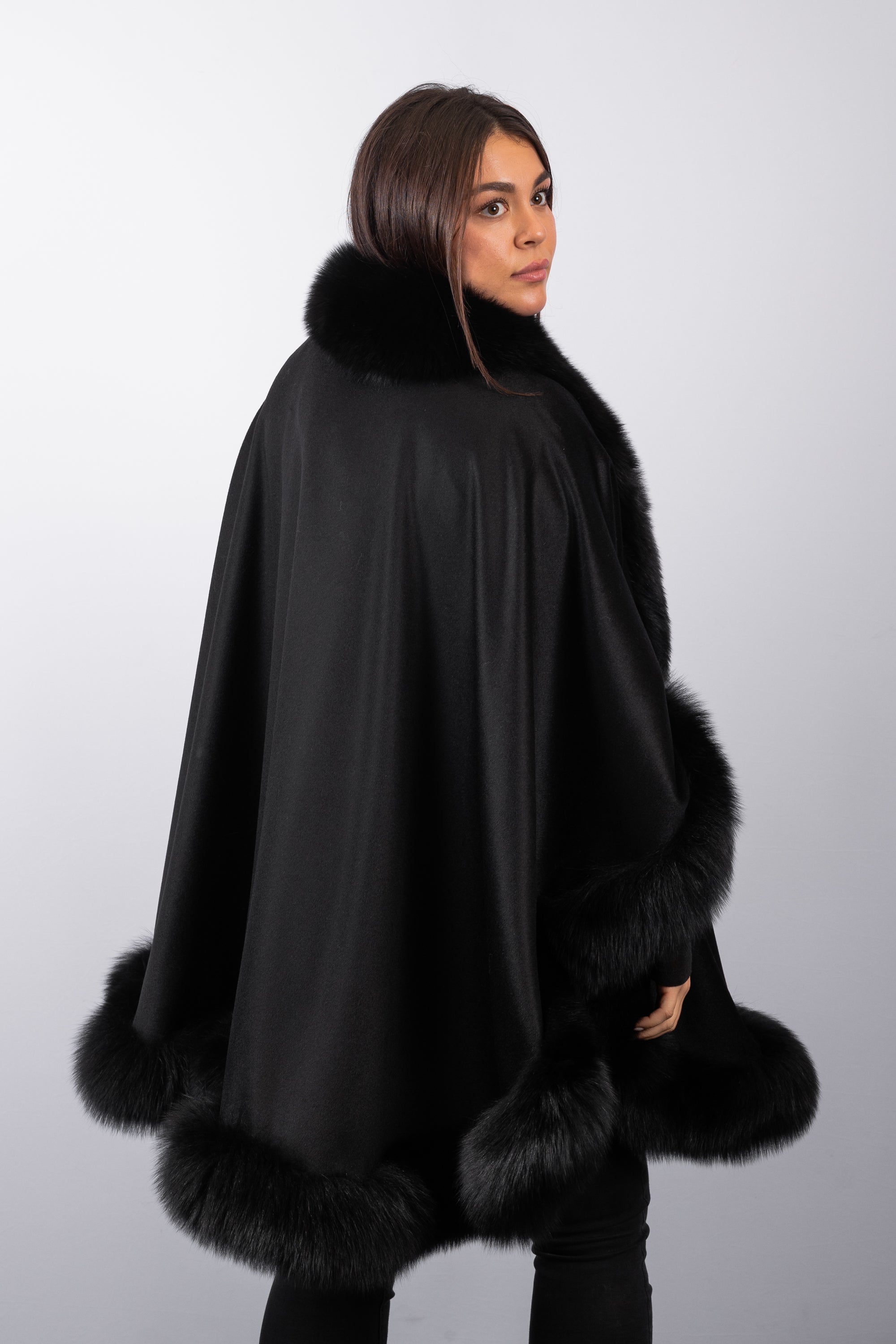 Black Cashmere Cape with Black Fox Fur Trim - Long