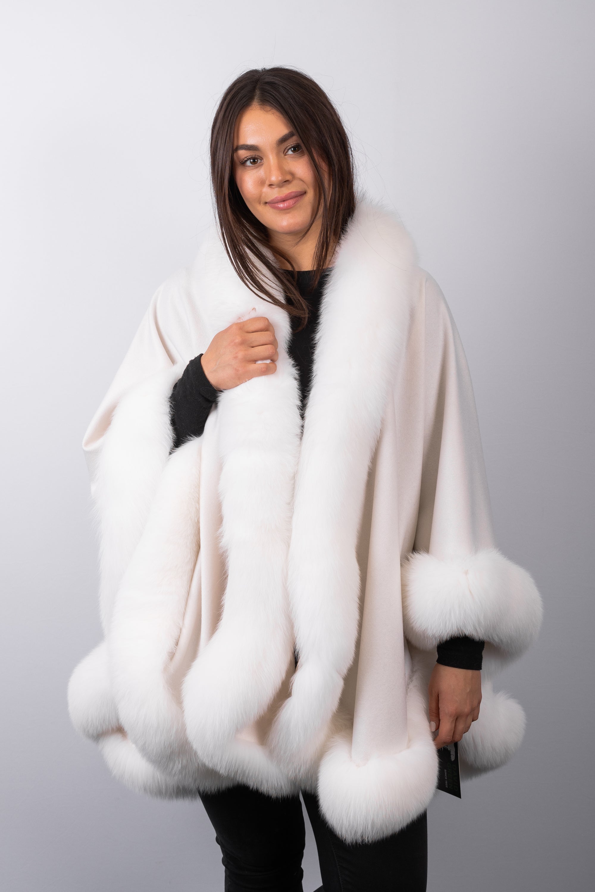 White Cashmere Cape with White Fox Fur Trim - Long