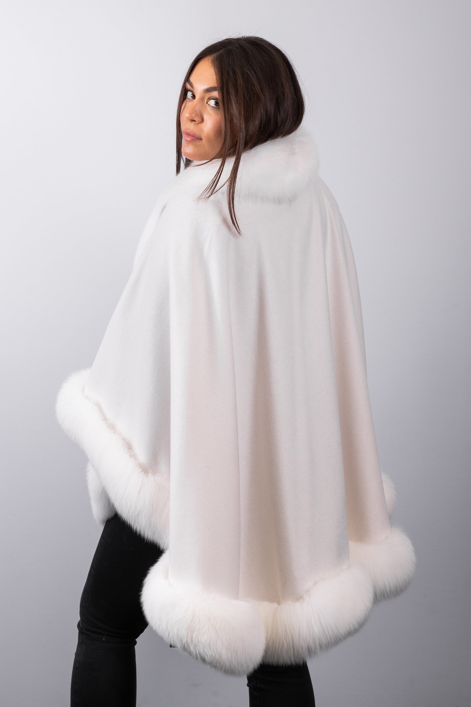 White Cashmere Cape with White Fox Fur Trim - Long