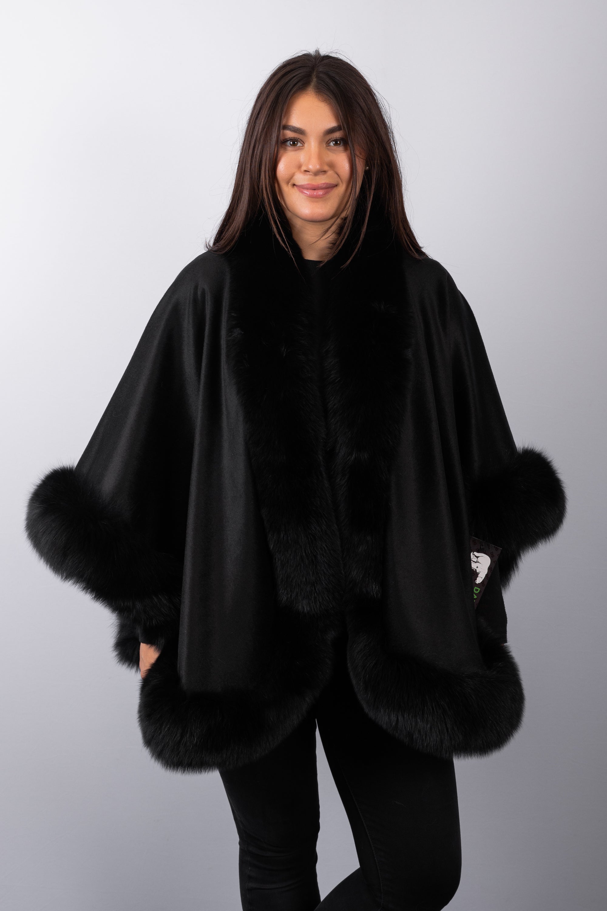 Black Cashmere Cape with Black Fox Fur Trim - Medium