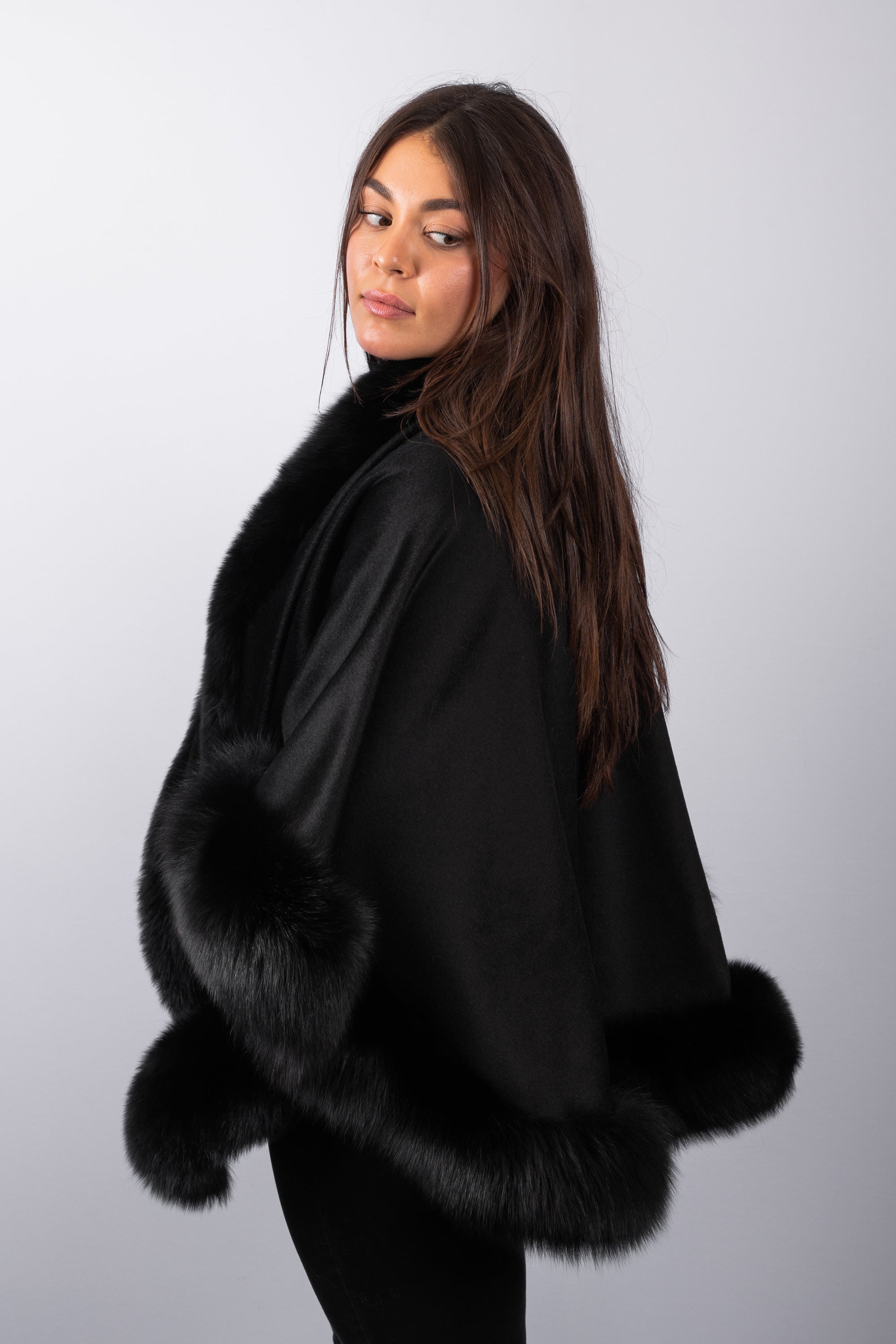Black Cashmere Cape with Black Fox Fur Trim - Medium