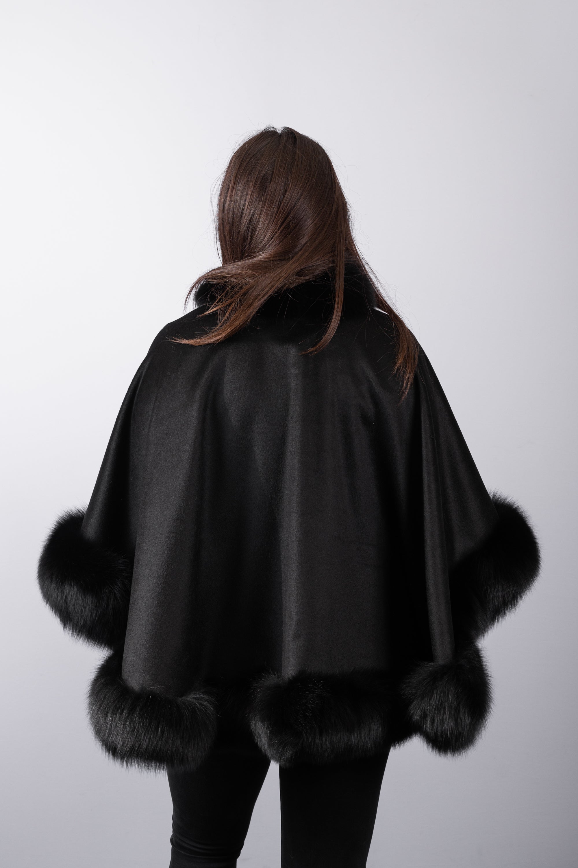 Black Cashmere Cape with Black Fox Fur Trim - Medium