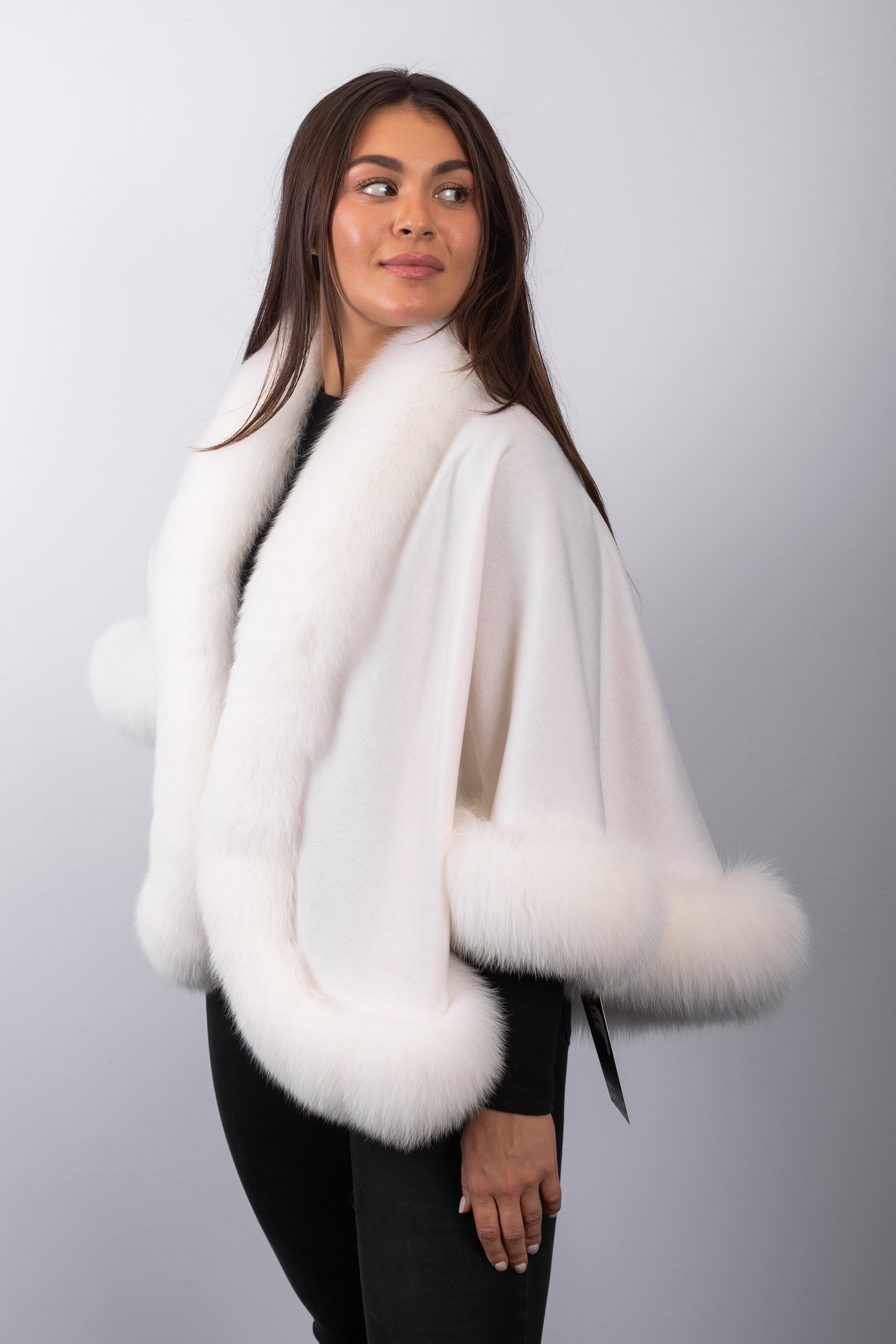 White Cashmere Cape with White Fox Fur Trim - Short