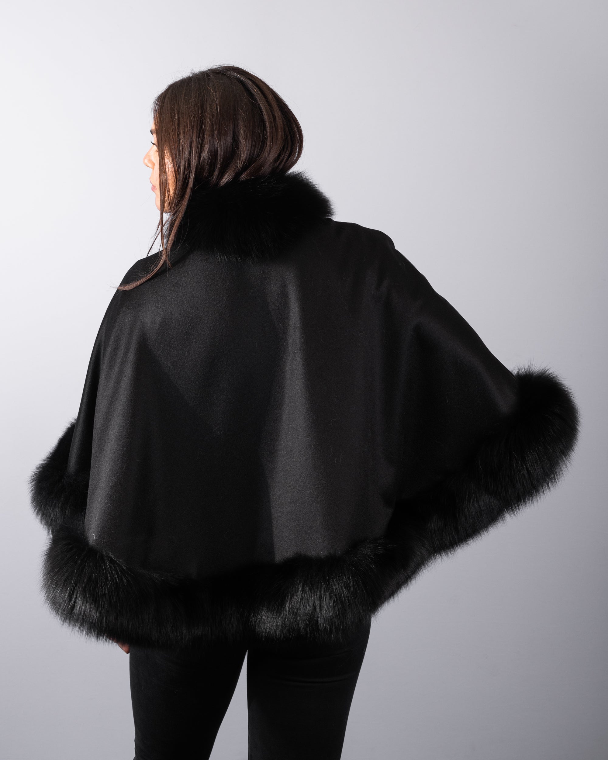 Black Cashmere Cape with Black Fox Fur Trim - Short
