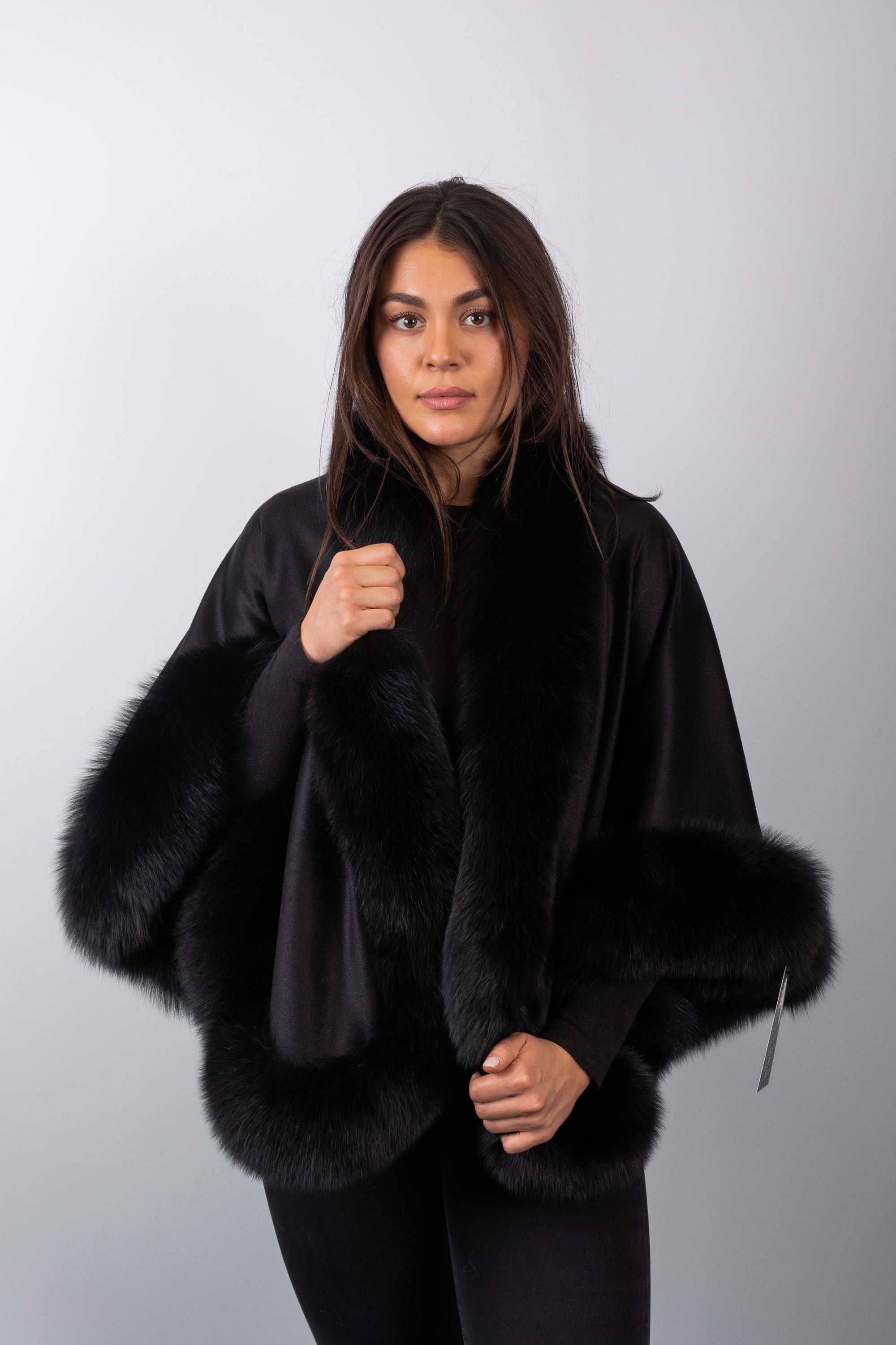 Black Cashmere Cape with Black Fox Fur Trim - Short