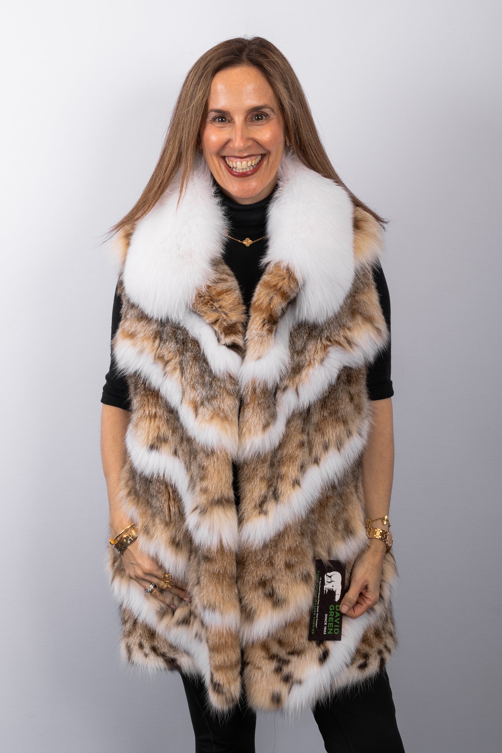 Natural Lynx Cat/White Fox Fur Vest