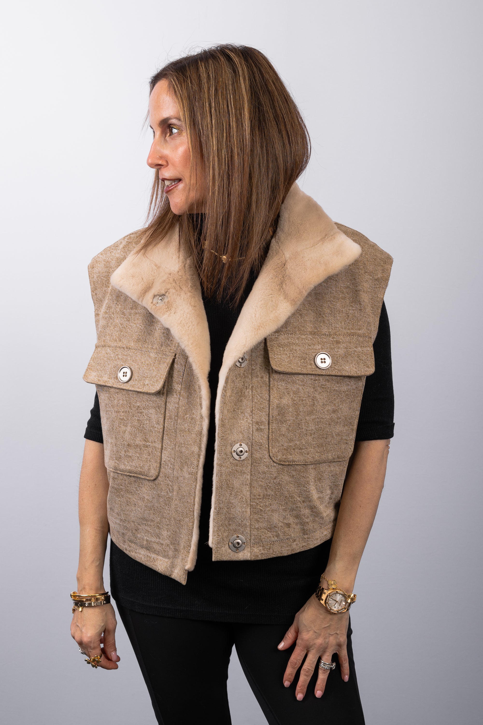 Latte Plucked Mink/Stonewashed Denim Vest
