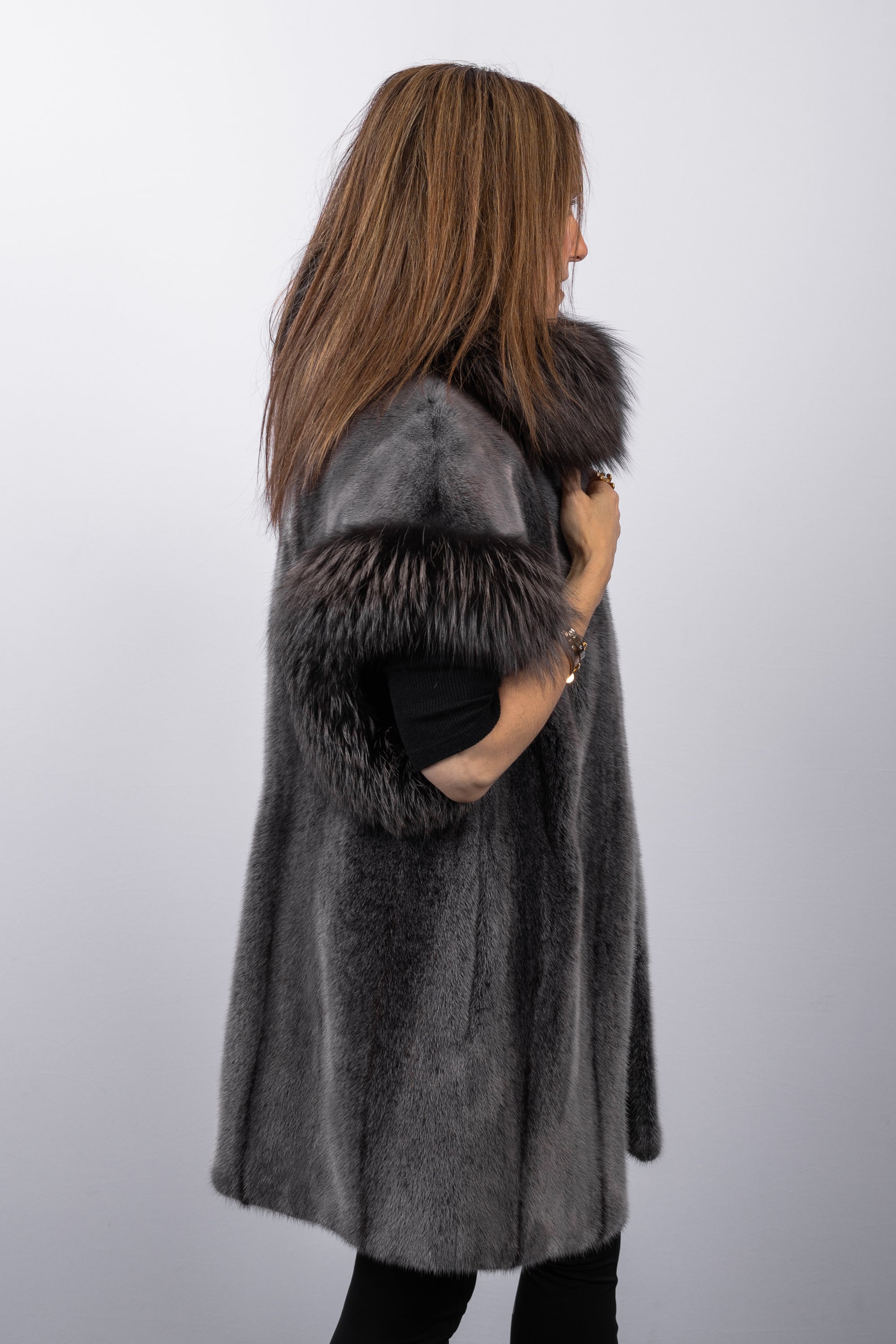 Pewter Cross Mink Vest with Pewter Silver Fox Fur Trim