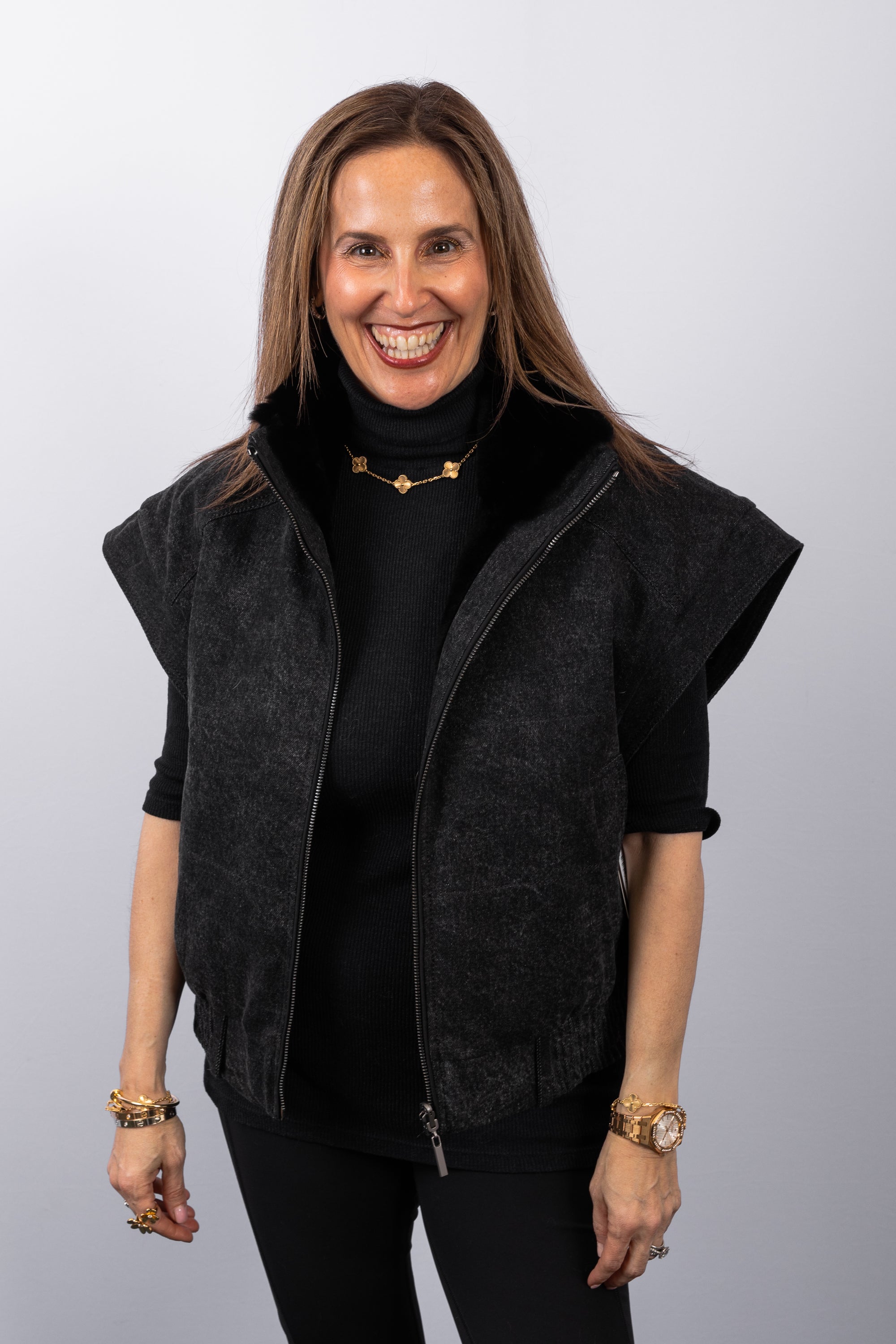 Black Plucked Mink/Stonewashed Denim Vest