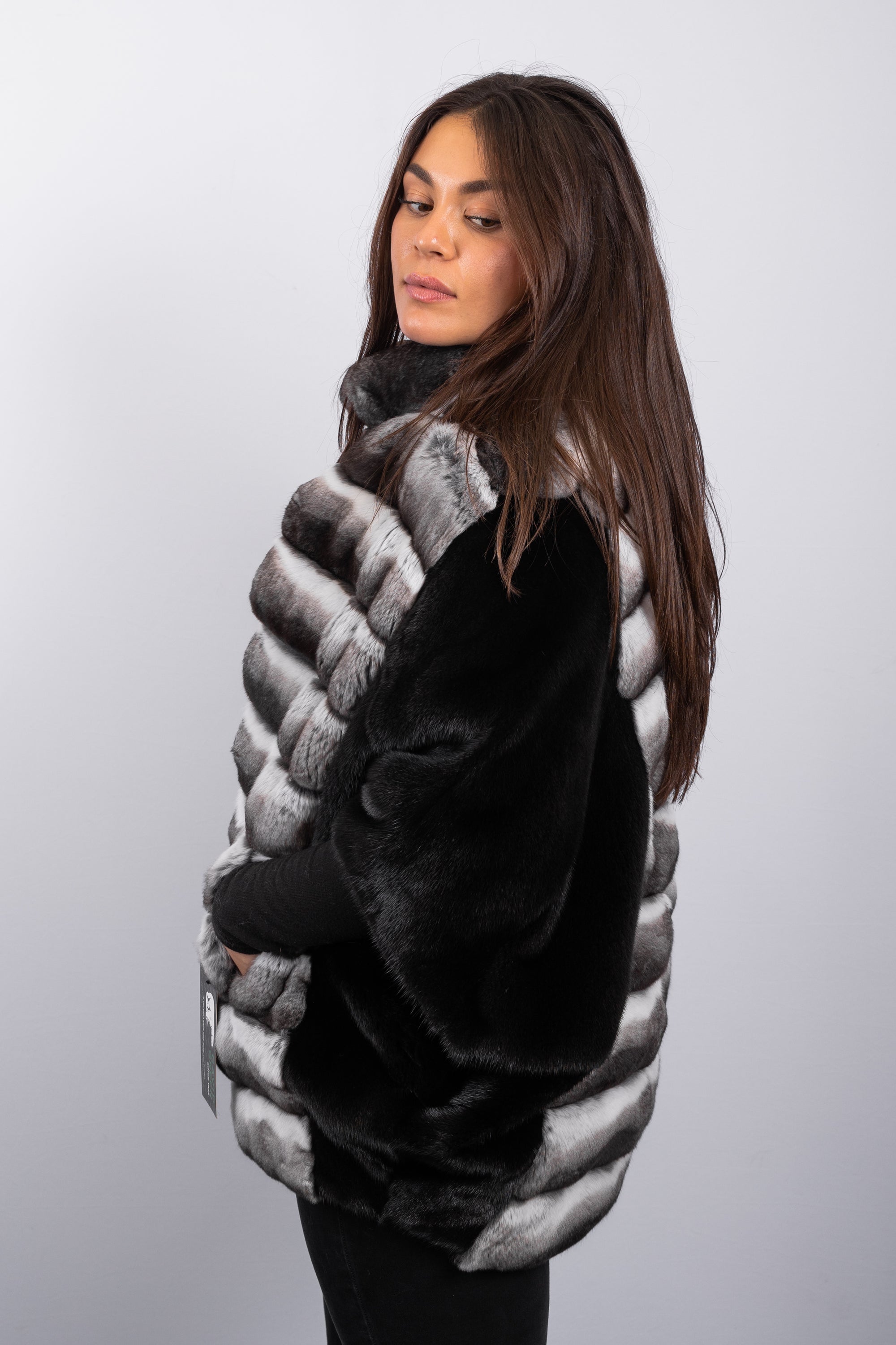 Natural Chinchilla/Black Mink Jacket - 3/4 Sleeve