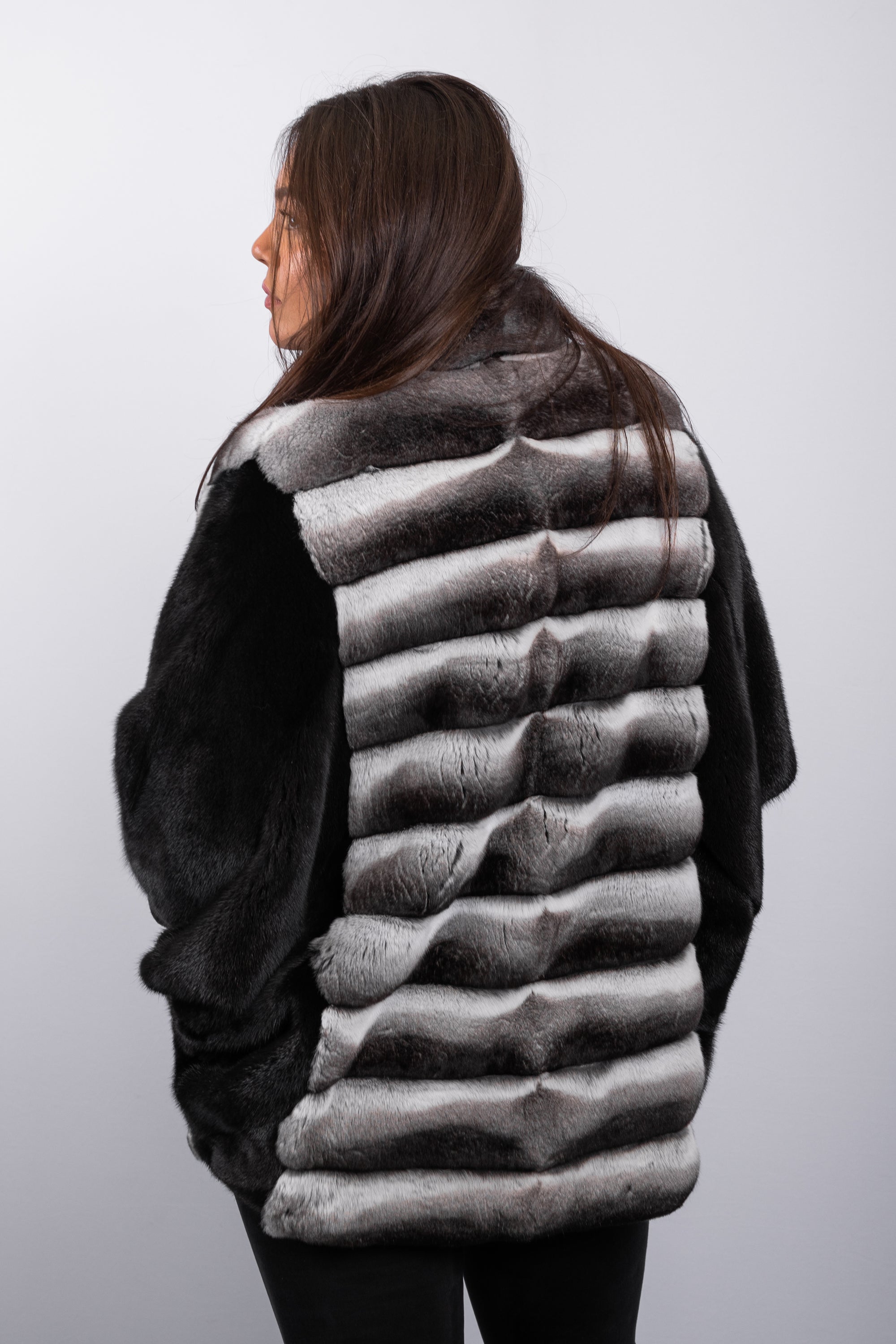 Natural Chinchilla/Black Mink Jacket - 3/4 Sleeve