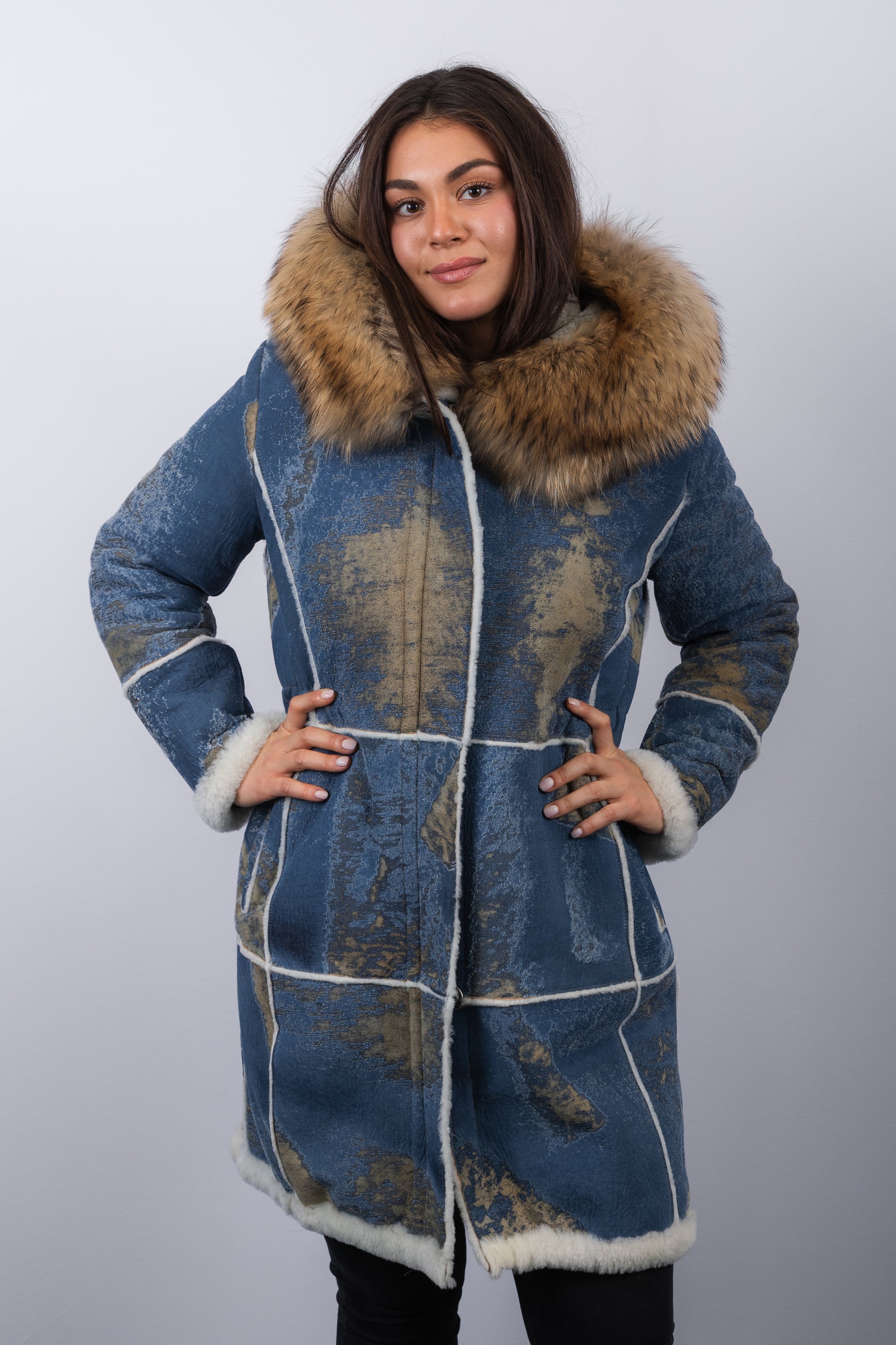 Distressed Denim Shearling Lamb/Natural Asiatic Raccoon Coat