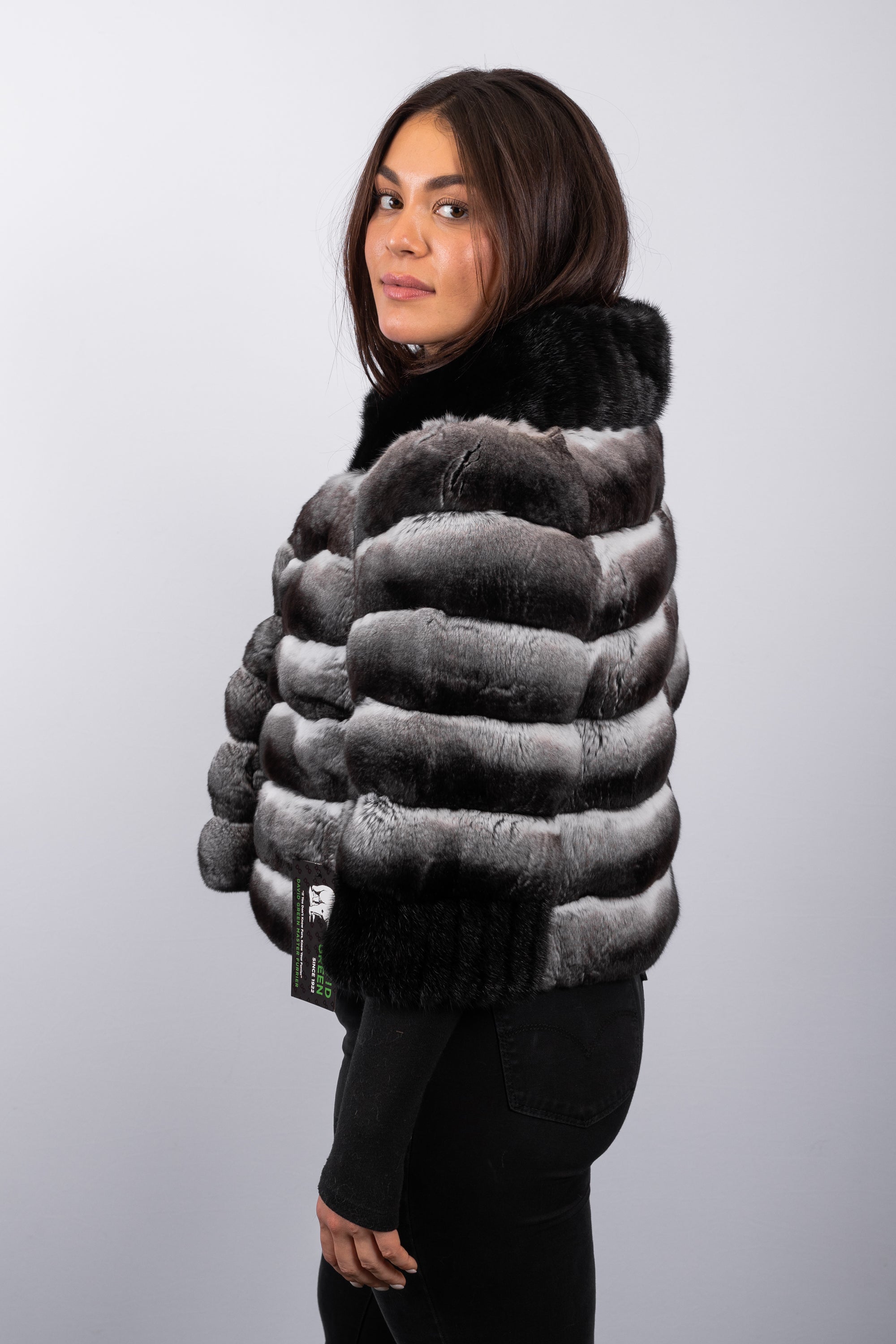Natural Chinchilla Jacket with Black Mink Fur Trim - 3/4 Sleeve