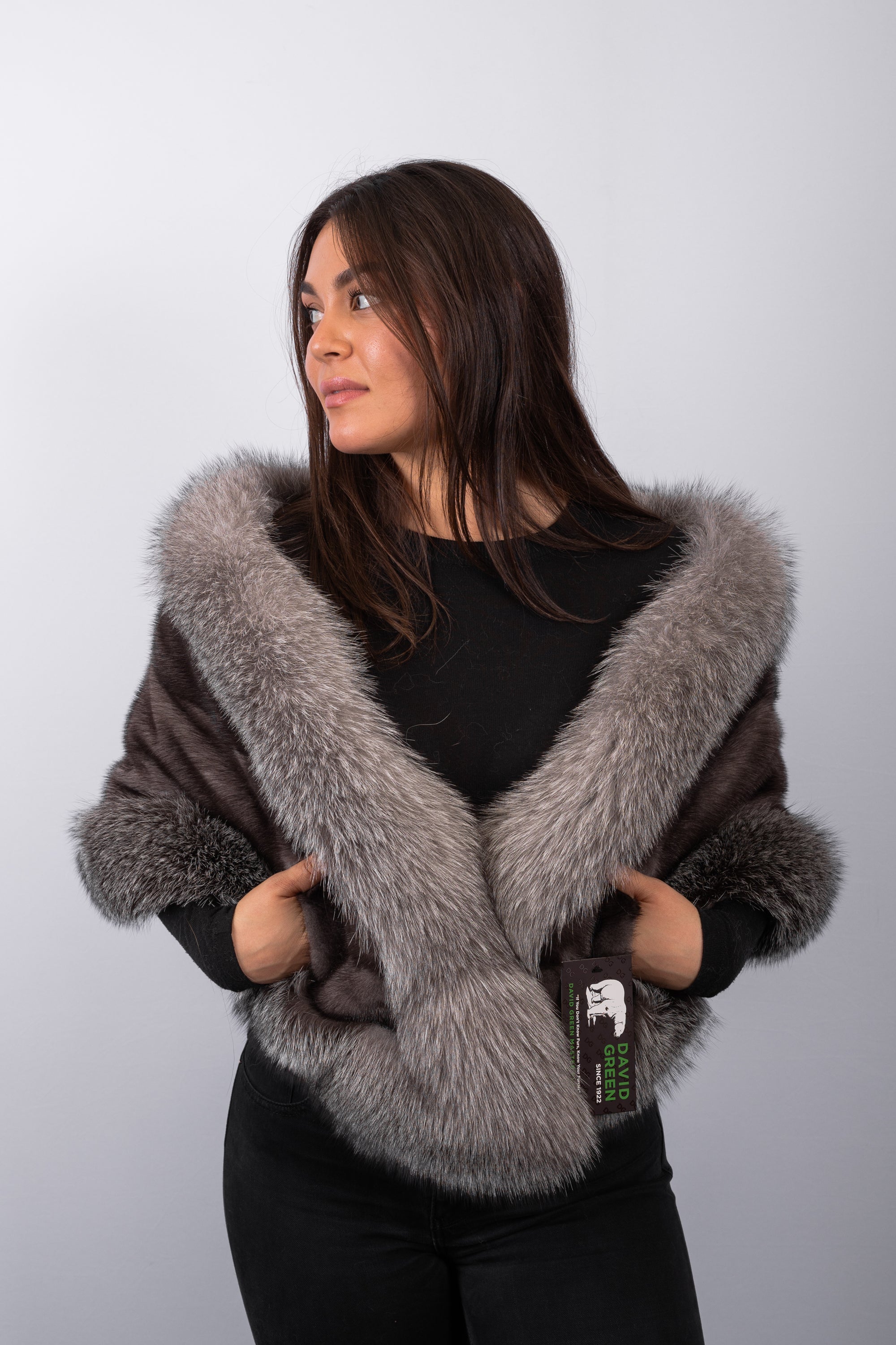 Natural Blue Iris Mink Wrap with Indigo Fox Fur Trim