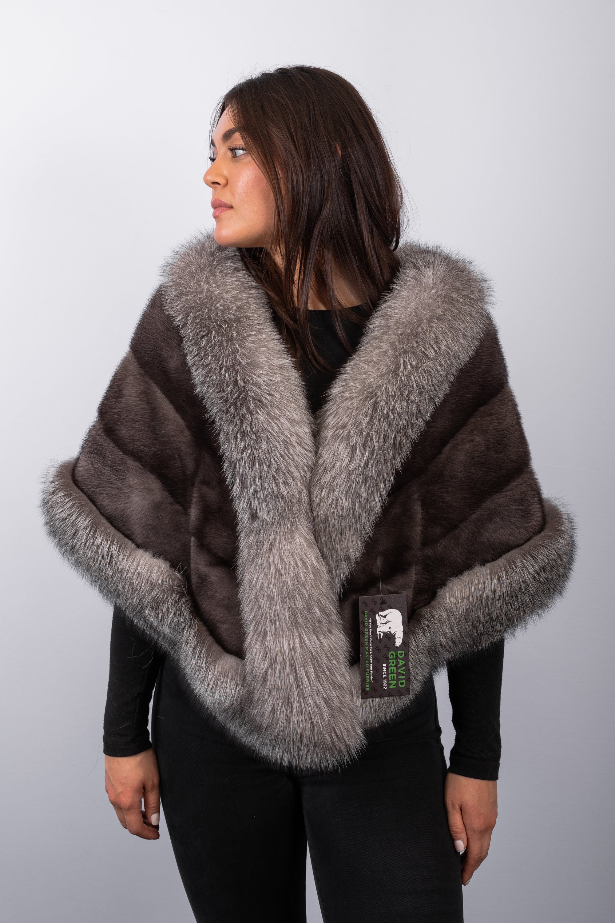 Natural Blue Iris Mink Wrap with Indigo Fox Fur Trim