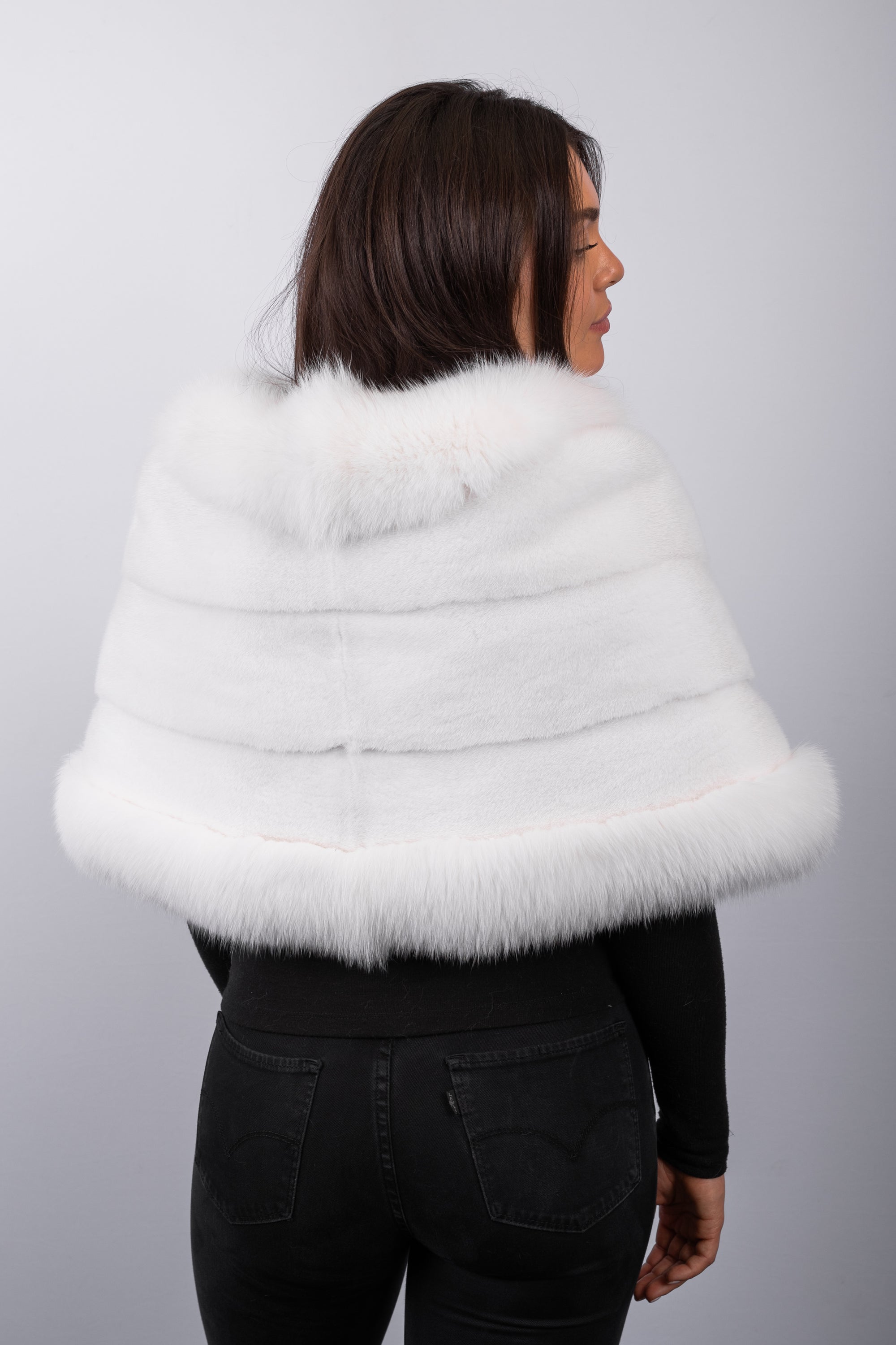 Natural White Mink Wrap with Shadow Fox Fur Trim