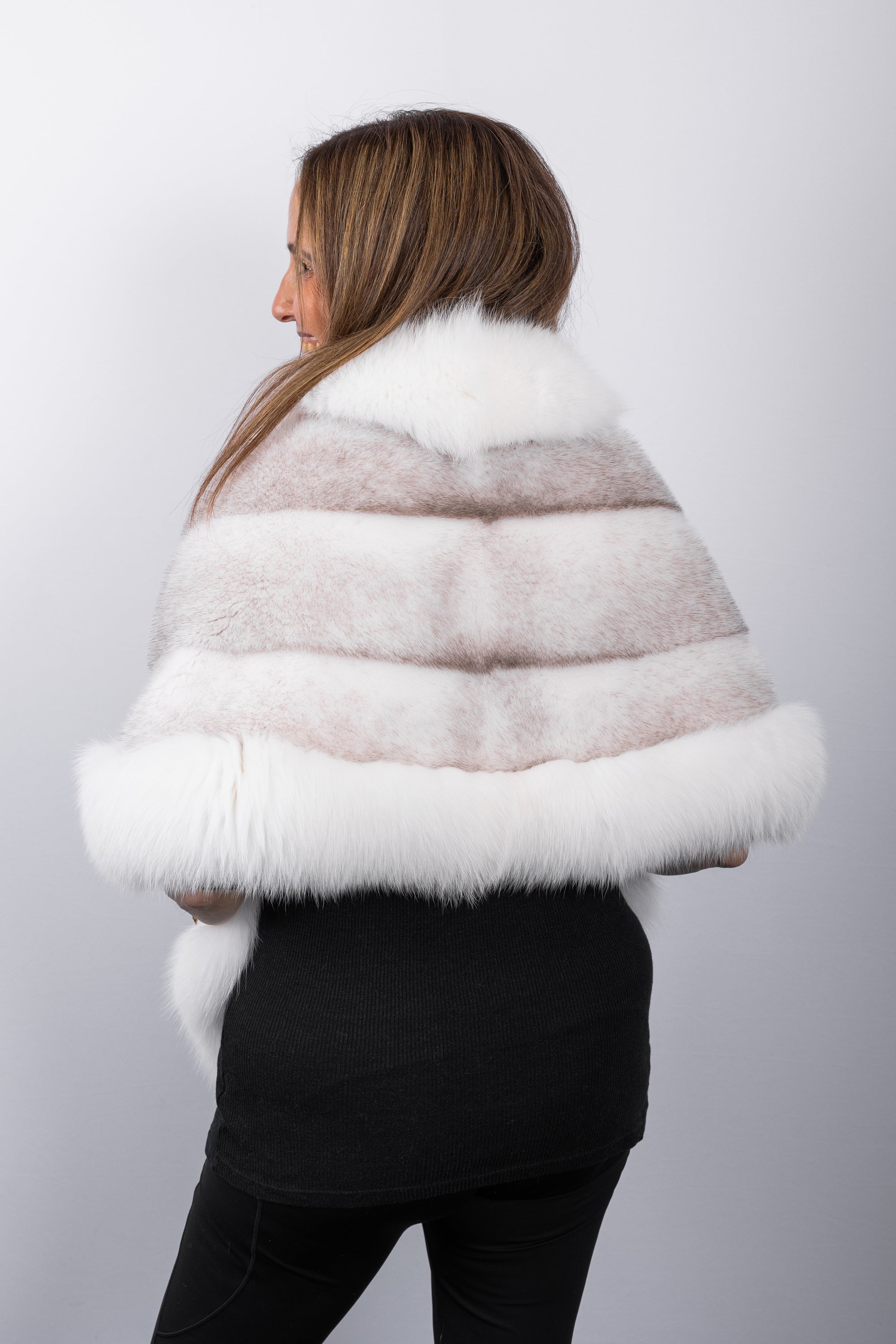 Natural Silver Blue Cross Mink Wrap with Shadow Fox Fur Trim