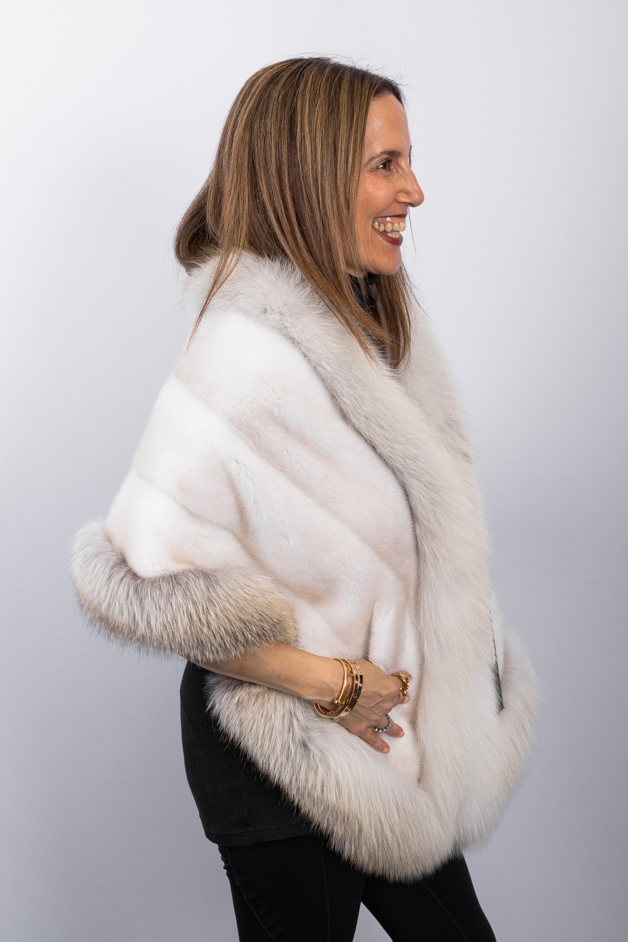 Natural Pearl Cross Mink Wrap with Fawn Fox Fur Trim