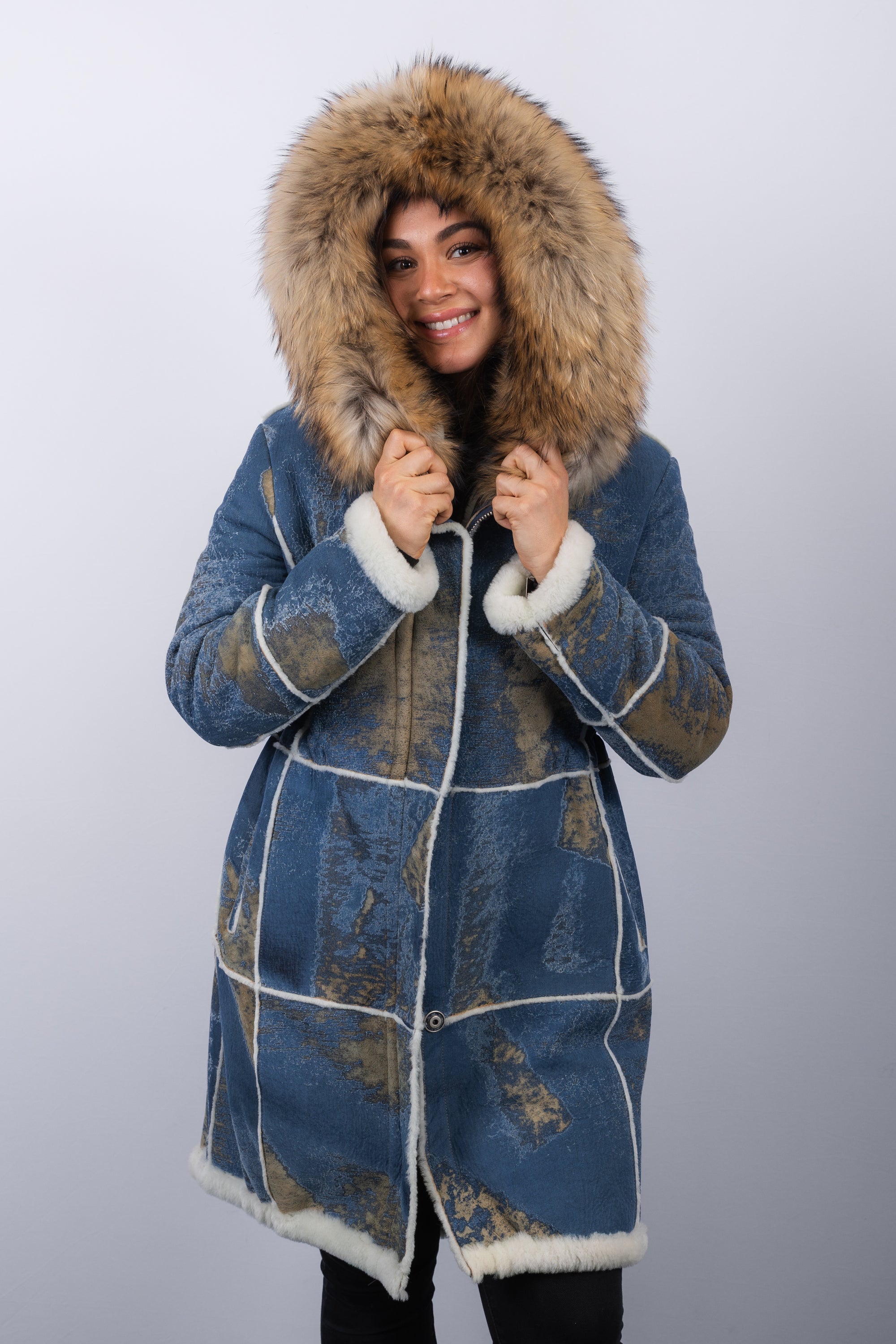 Distressed Denim Shearling Lamb/Natural Asiatic Raccoon Coat