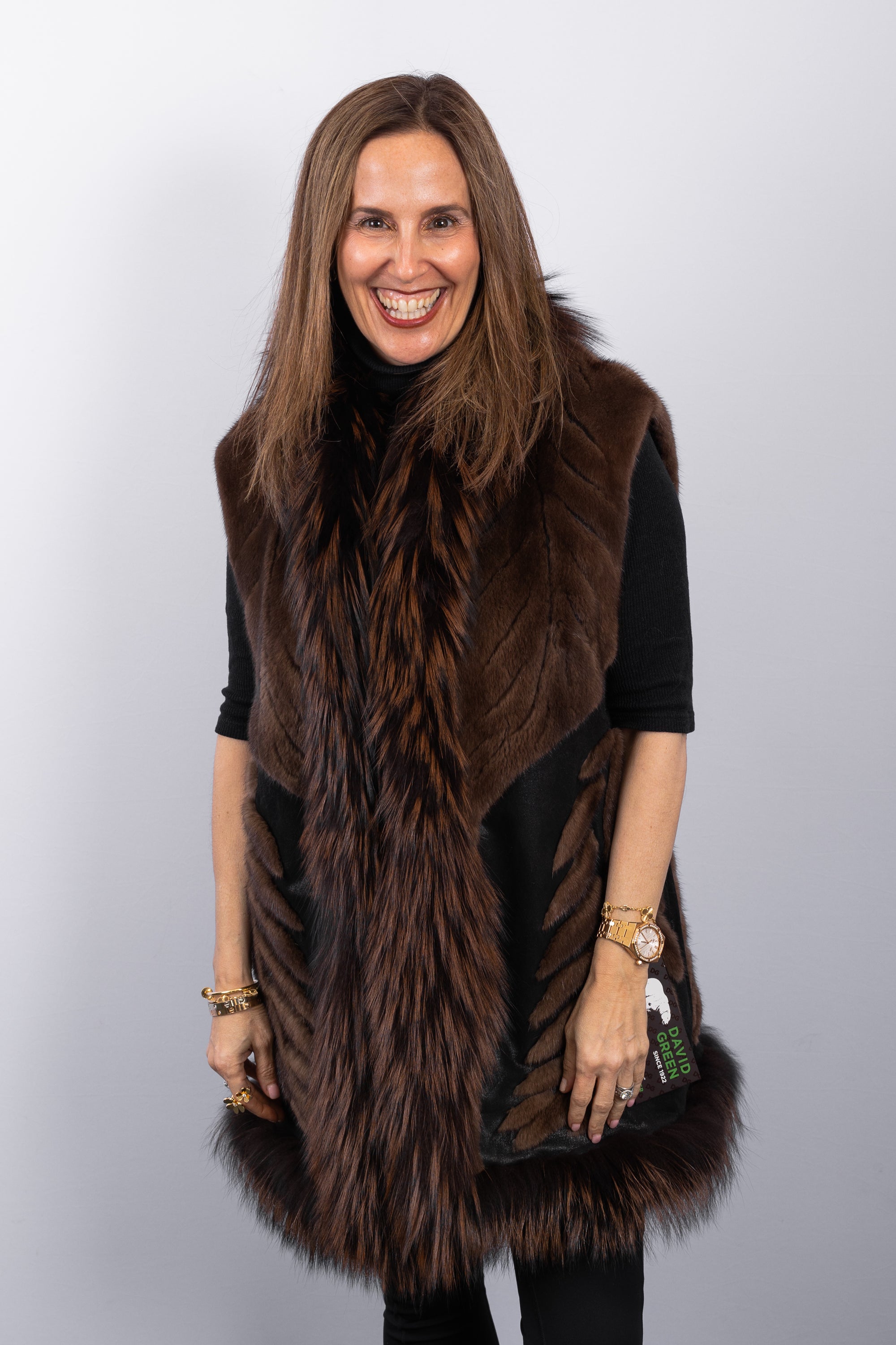 Natural Mocha Mink/Black Lamb Leather Vest with Mocha Silver Fox Fur Trim