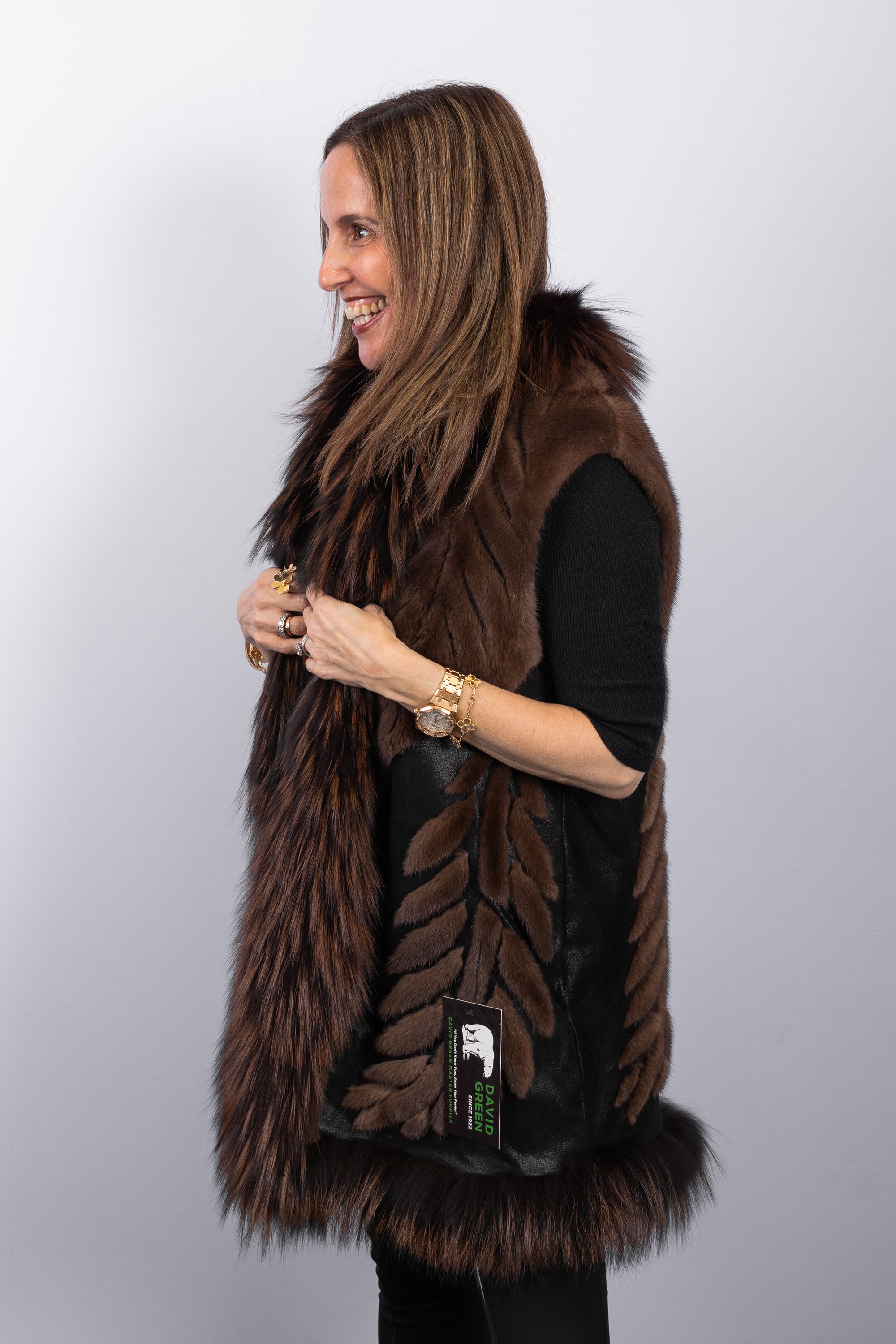 Natural Mocha Mink/Black Lamb Leather Vest with Mocha Silver Fox Fur Trim