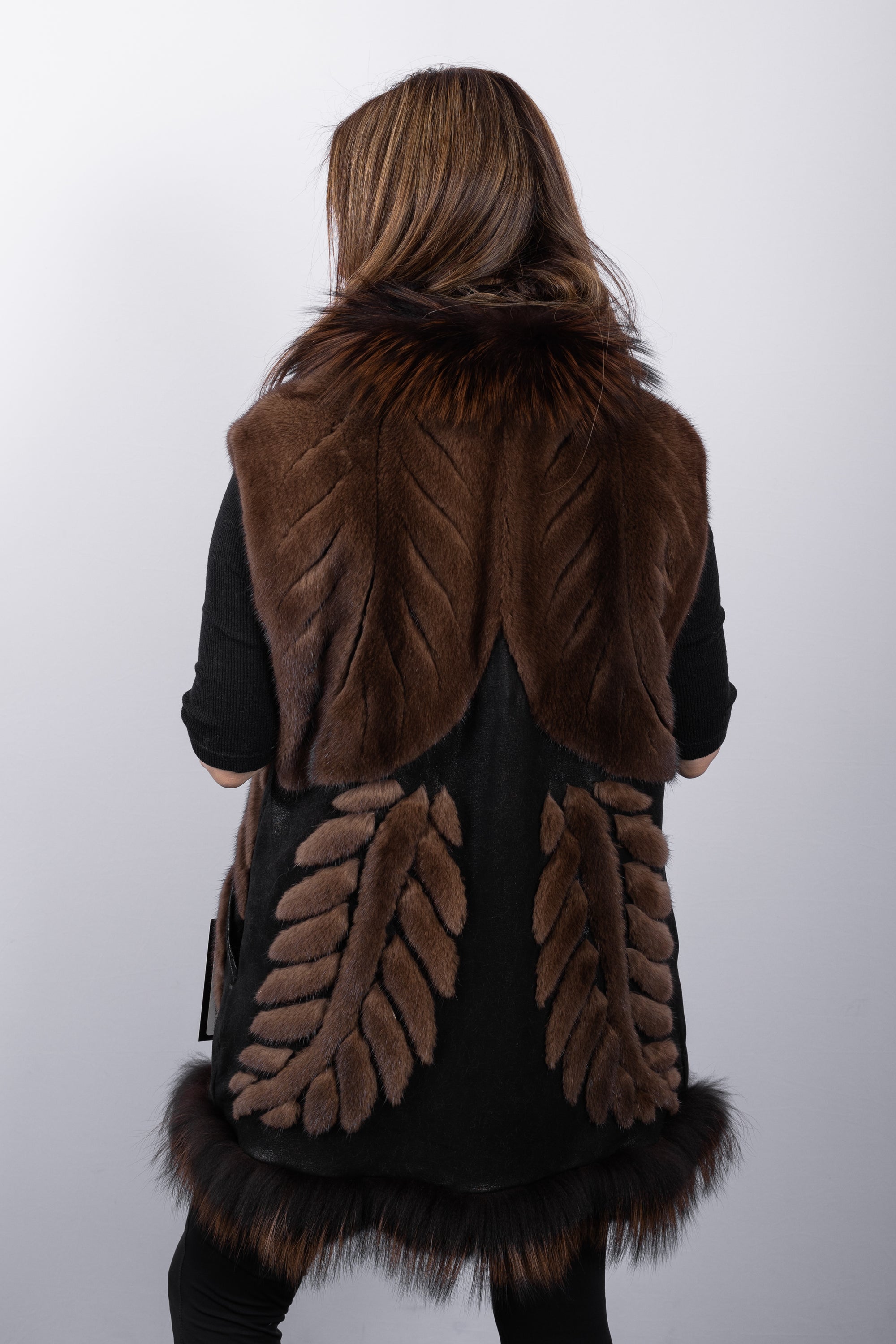 Natural Mocha Mink/Black Lamb Leather Vest with Mocha Silver Fox Fur Trim