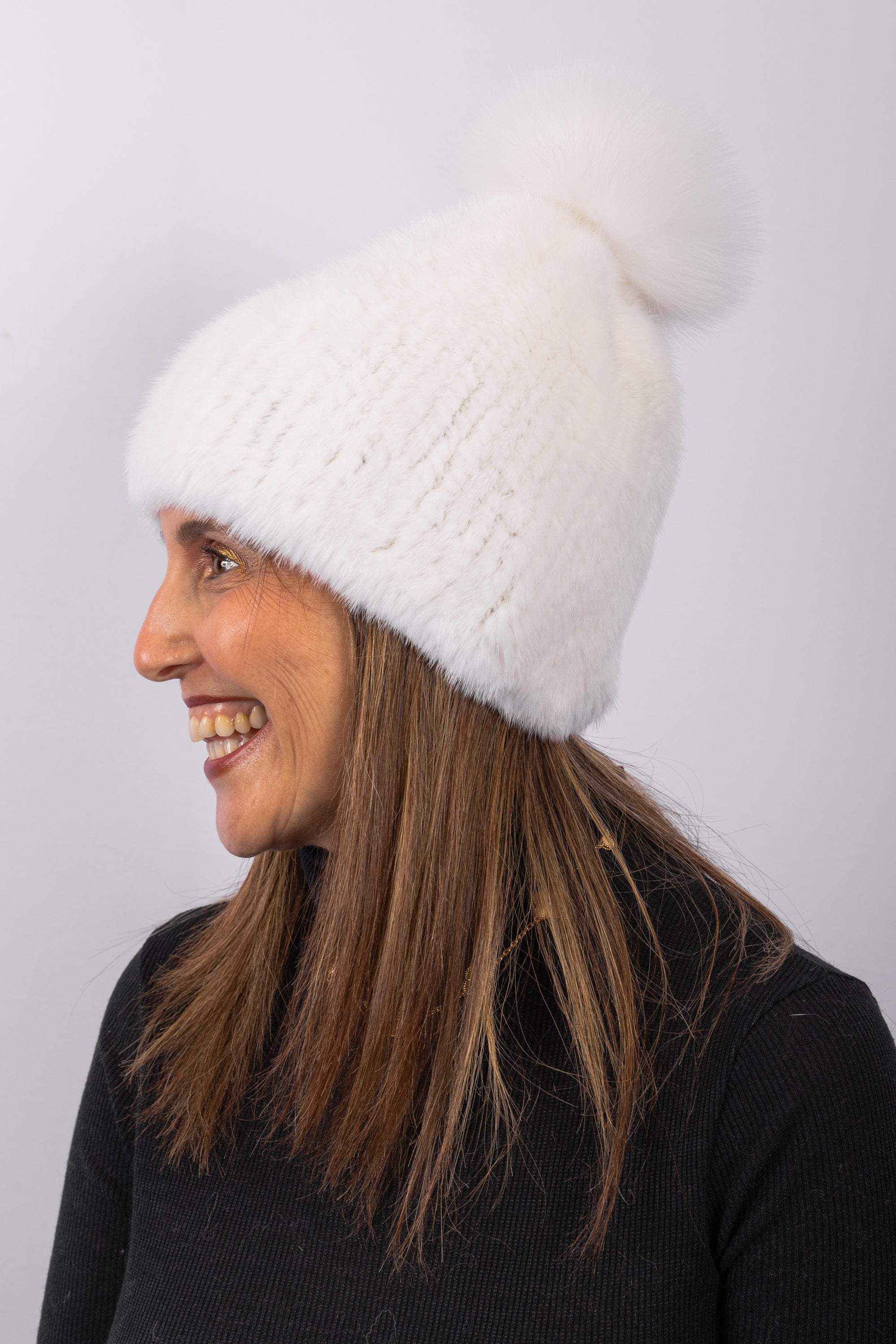 Natural White Mink Hat with White Fox