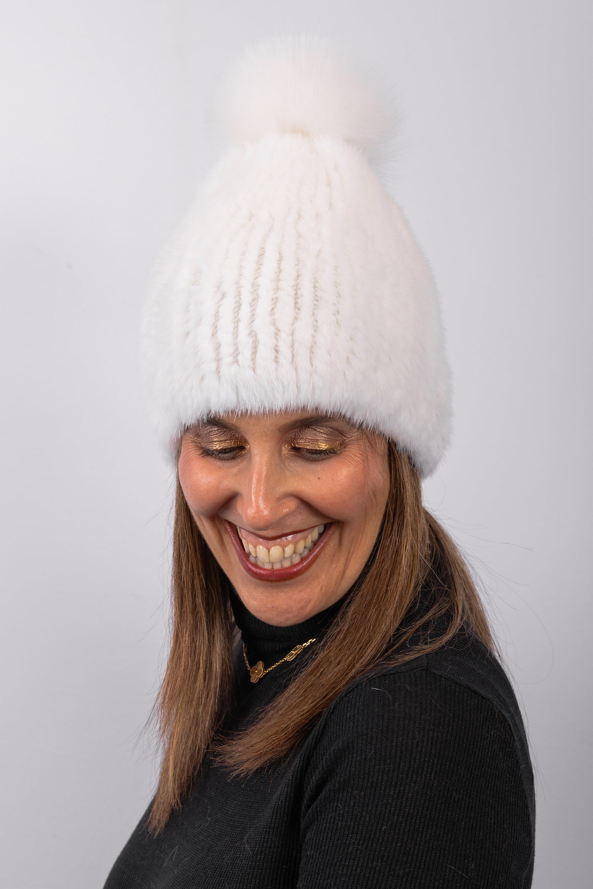 Natural White Mink Hat with White Fox