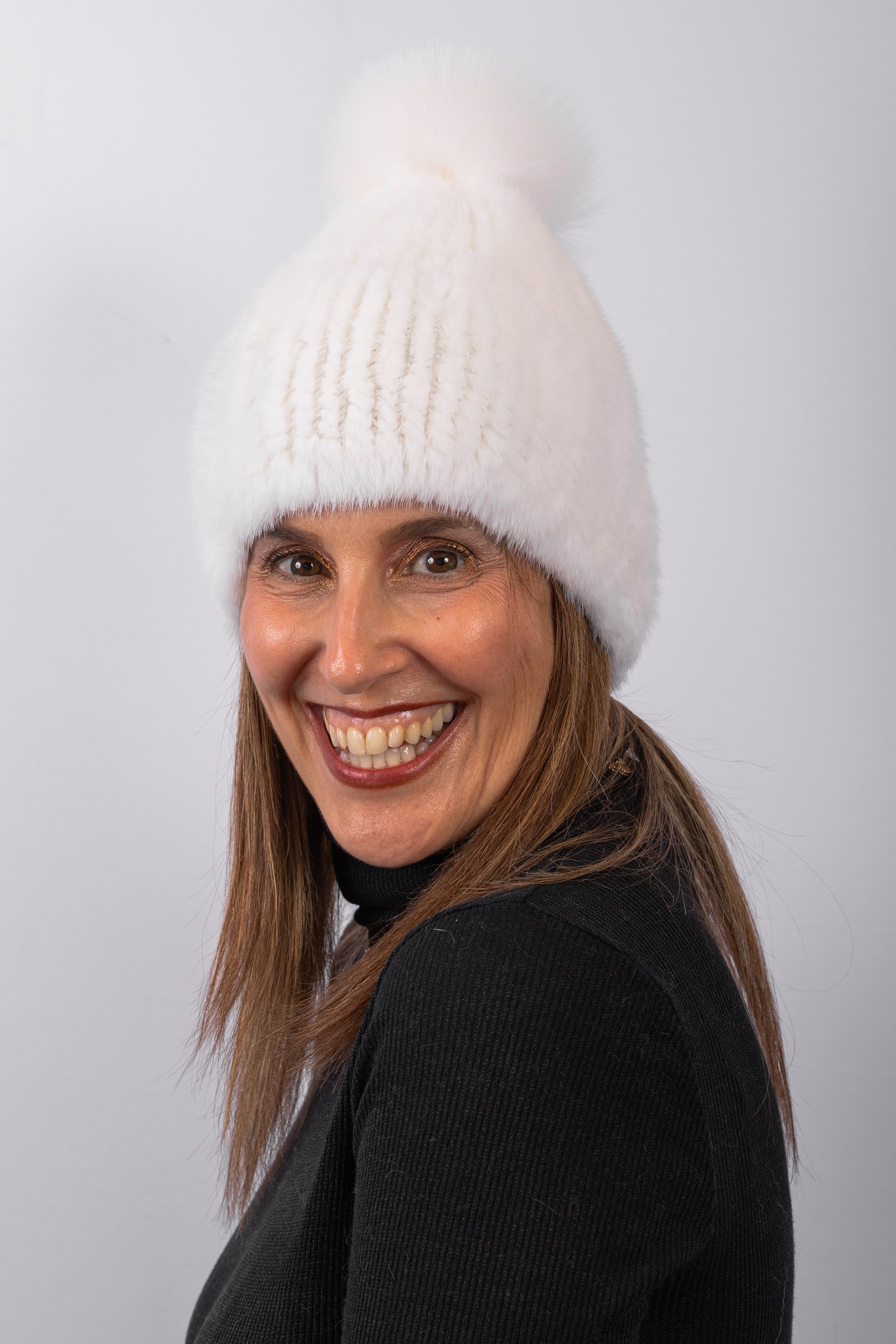 Natural White Mink Hat with White Fox