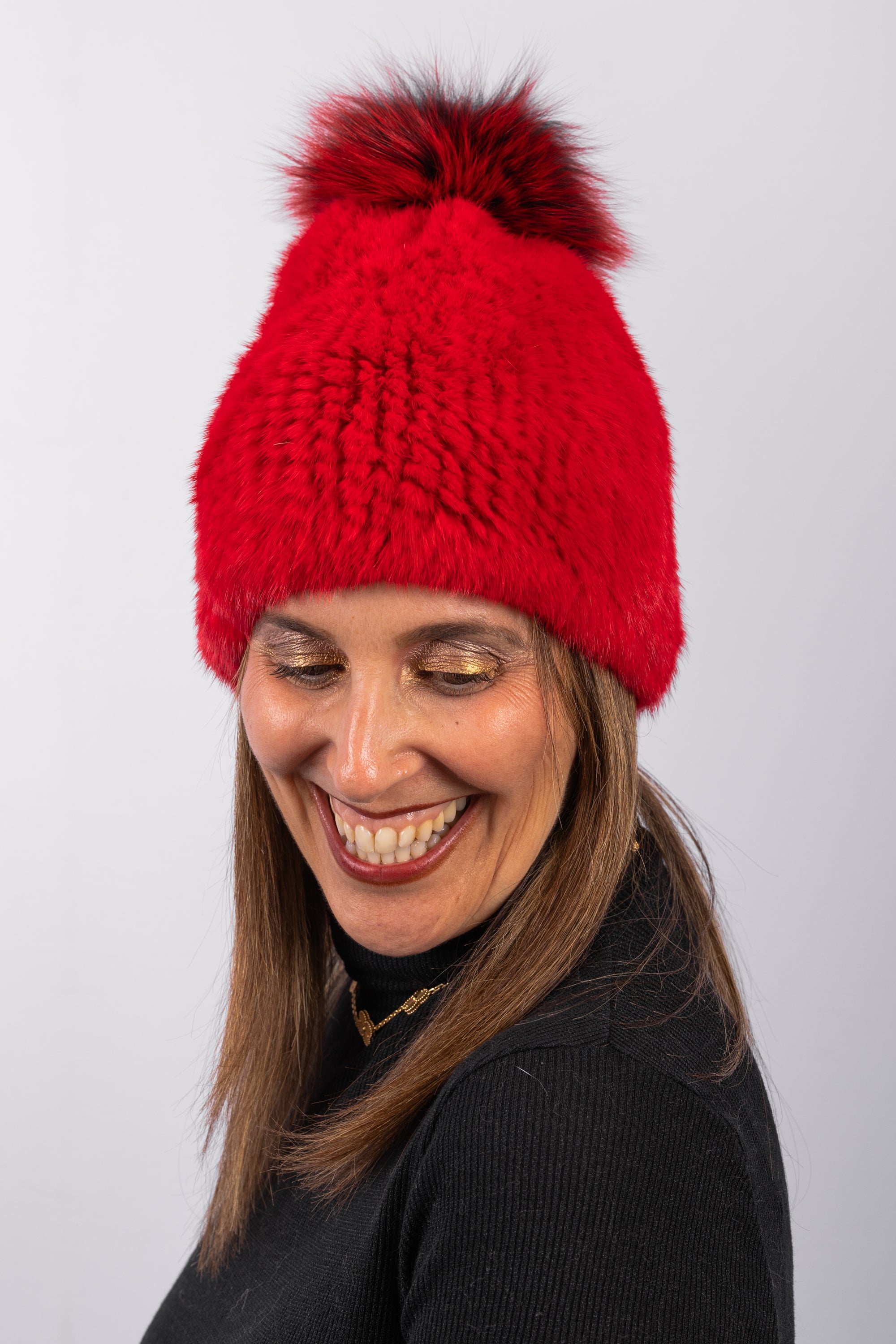 Red Mink Hat with Red/Black Fox