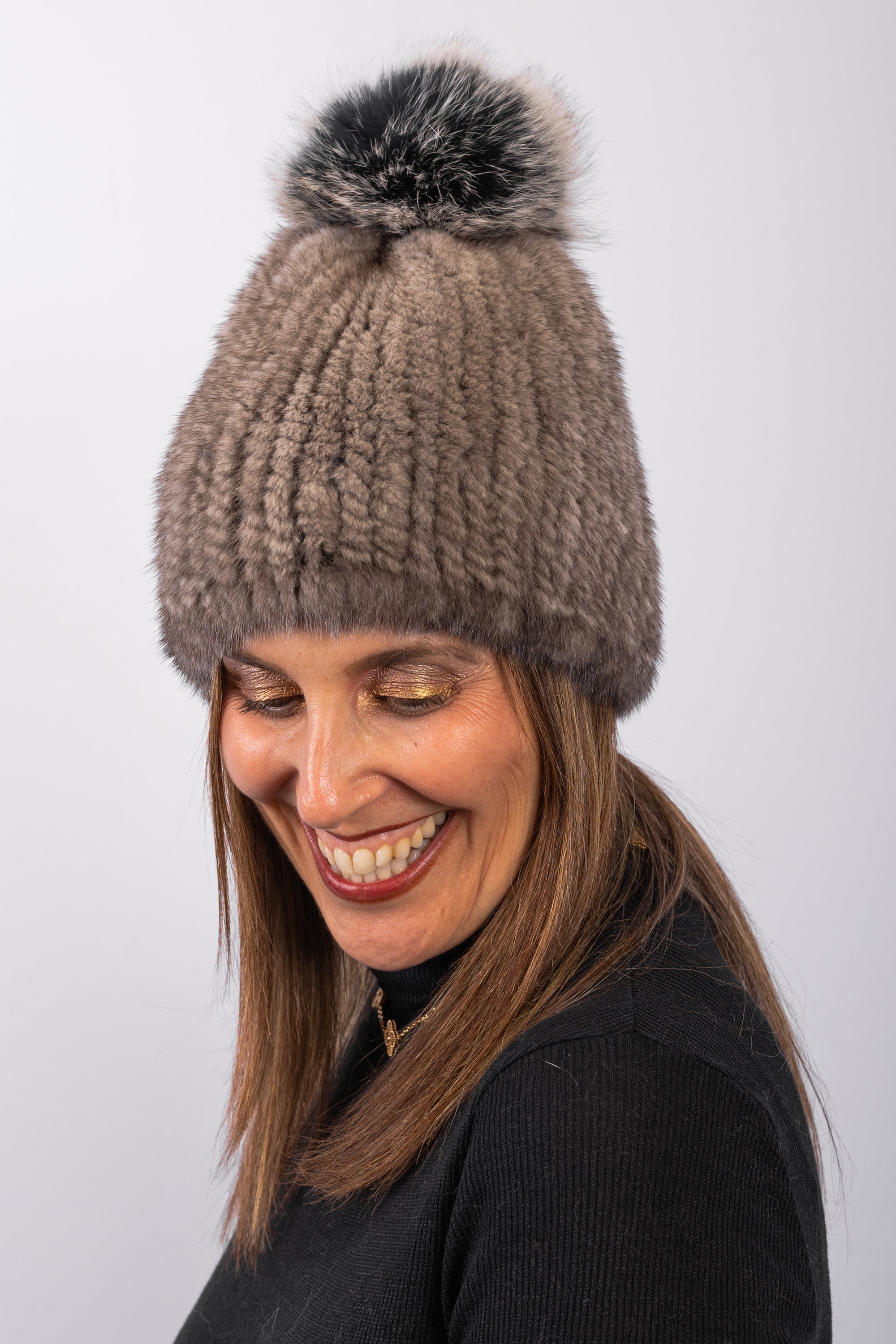 Natural Silver Blue Mink Hat with Black Snowtop Fox