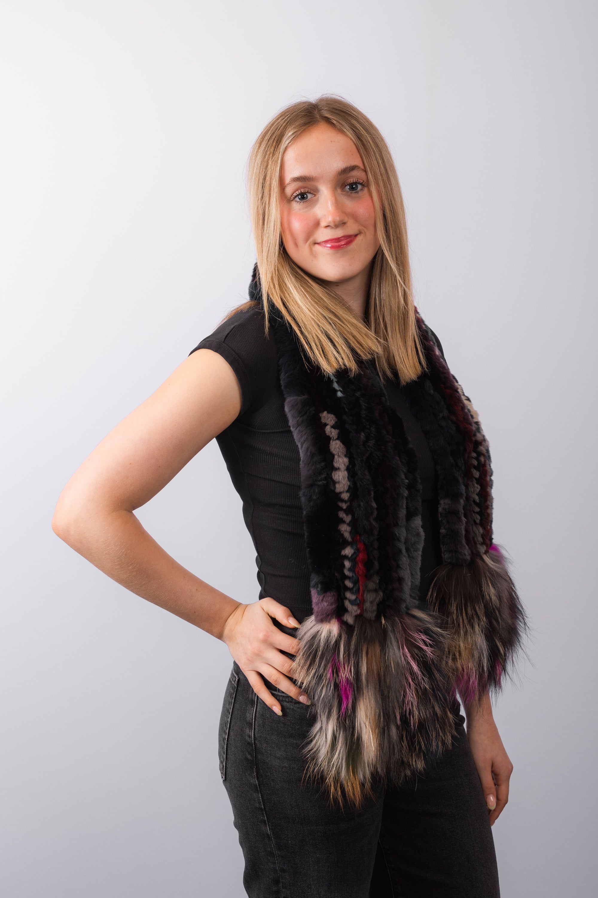 Multicolor Rex Rabbit Scarf with Multi Silver Fox Fur Trim - Short
