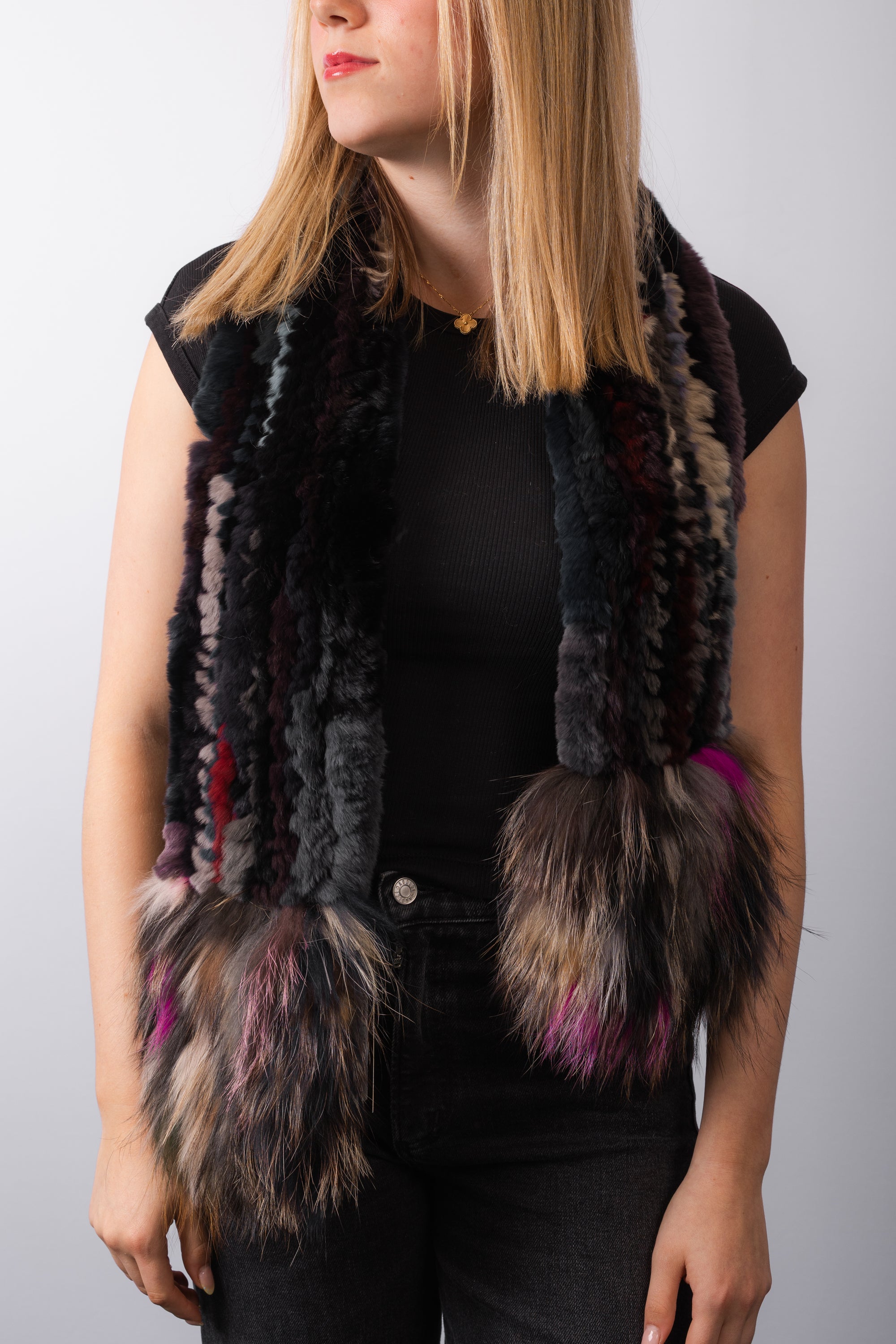 Multicolor Rex Rabbit Scarf with Multi Silver Fox Fur Trim - Short