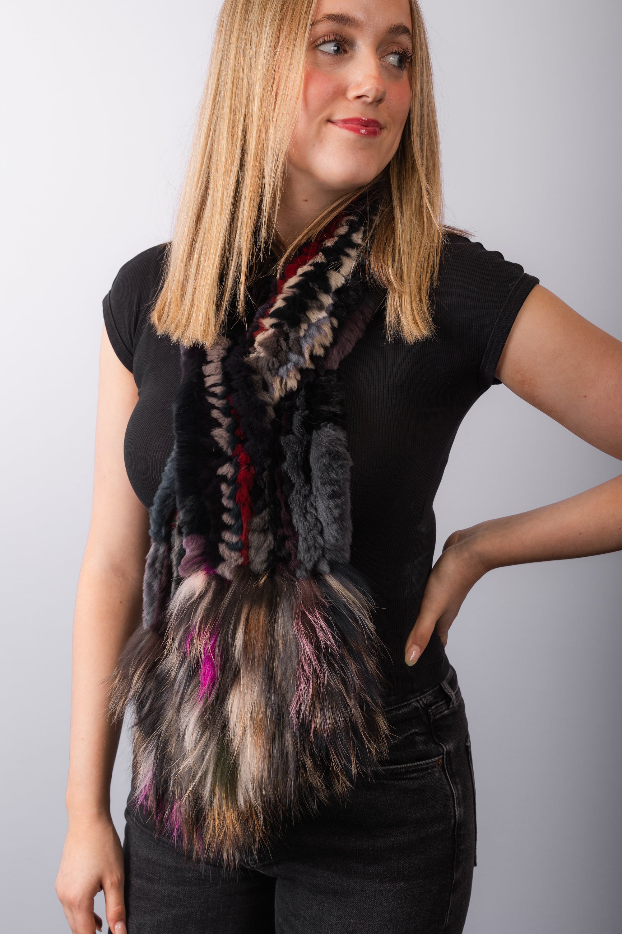 Multicolor Rex Rabbit Scarf with Multi Silver Fox Fur Trim - Short