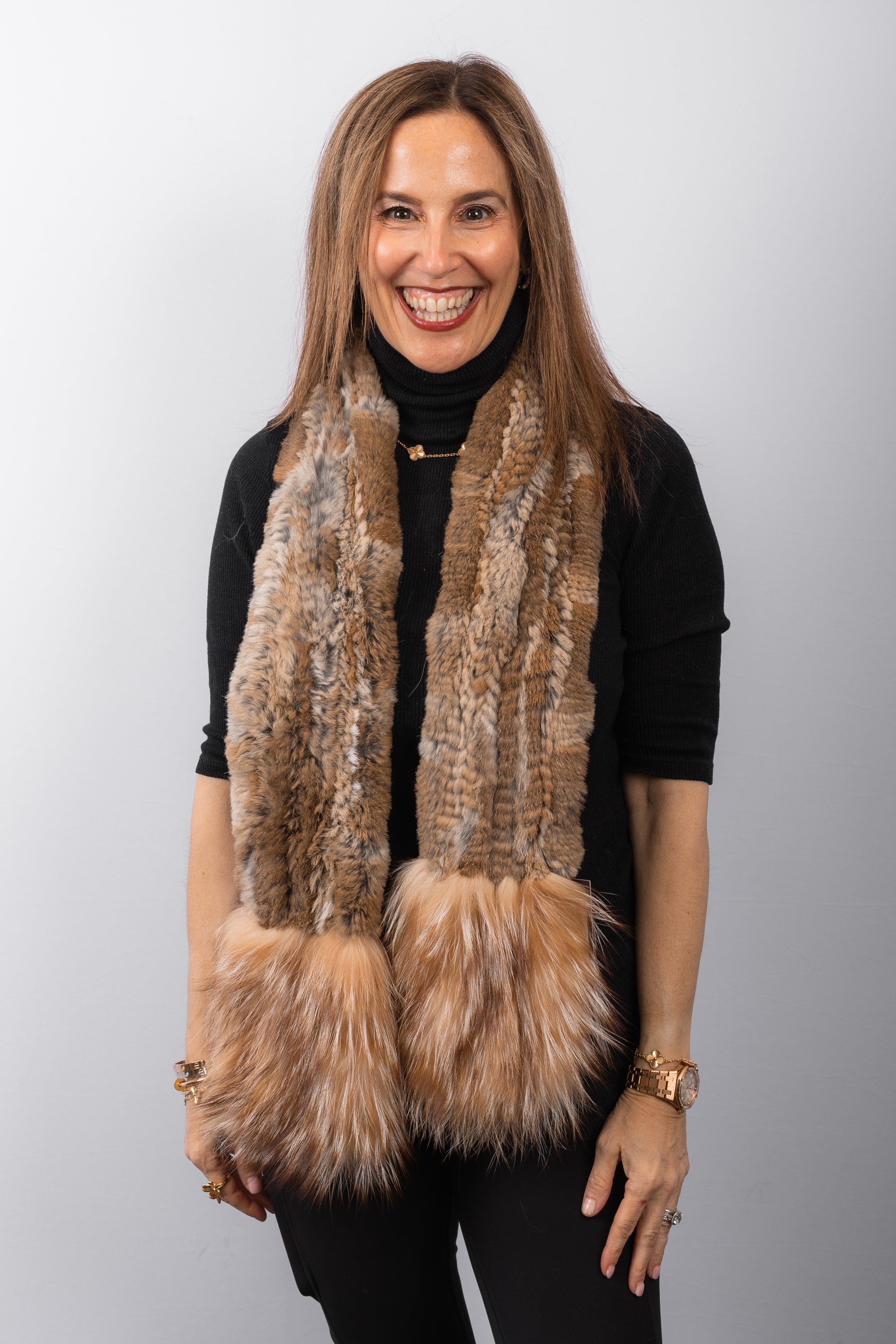 Natural Toffee Multi Hare Rabbit Scarf with Crystal Fox Fur Trim