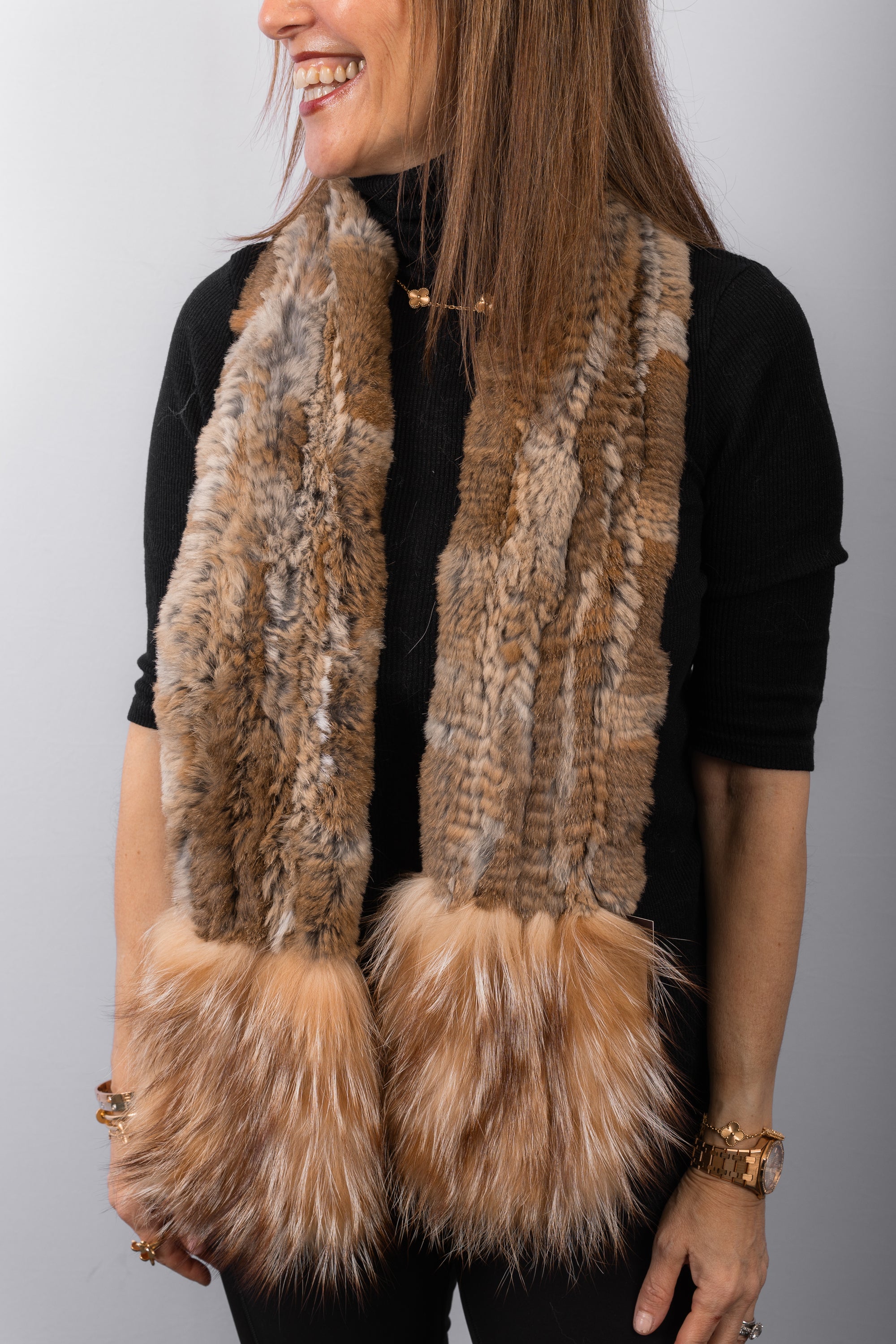 Natural Toffee Multi Hare Rabbit Scarf with Crystal Fox Fur Trim