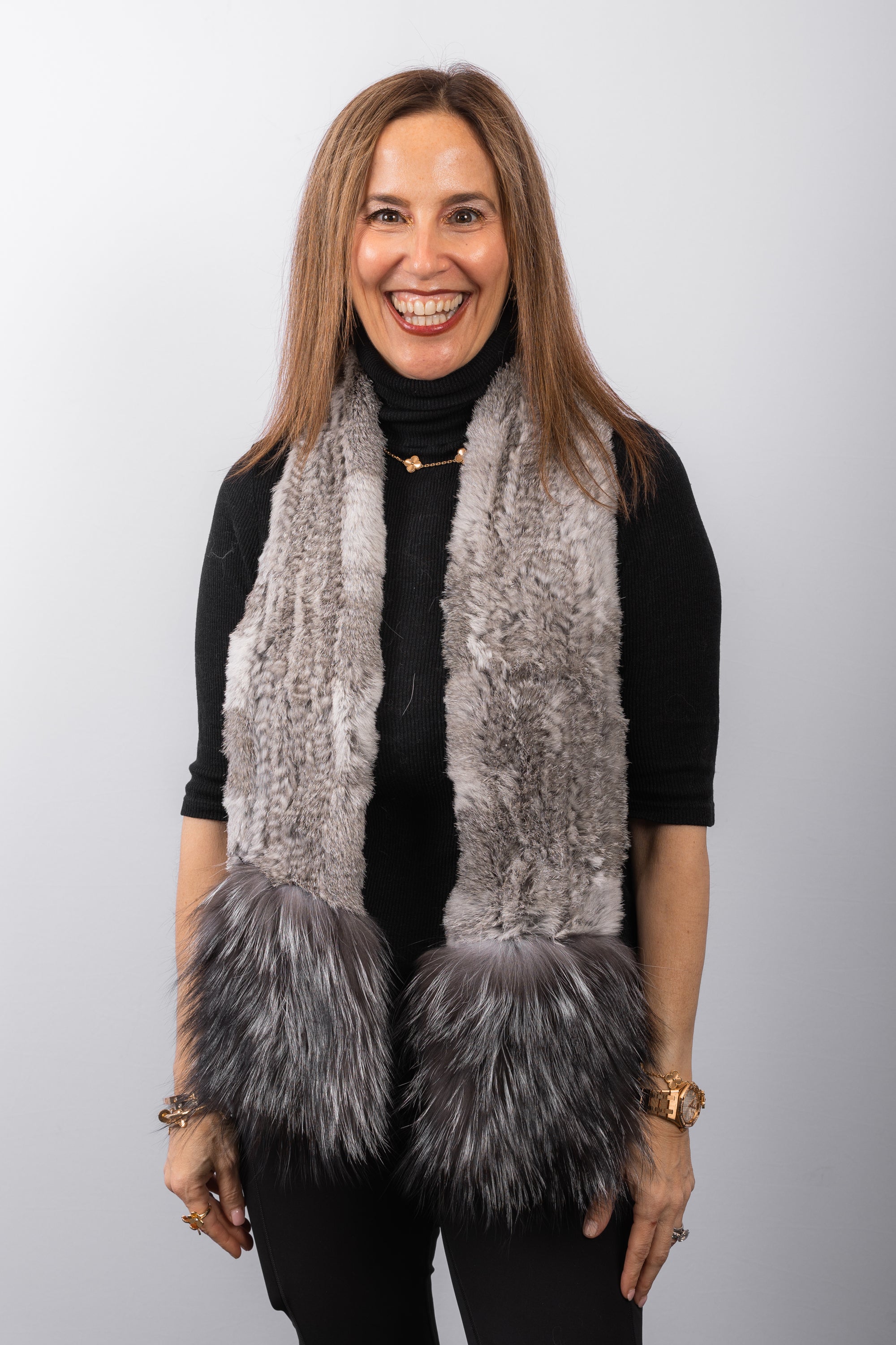 Natural Grey Multi Hare Rabbit Scarf with Silver Fox Fur Trim