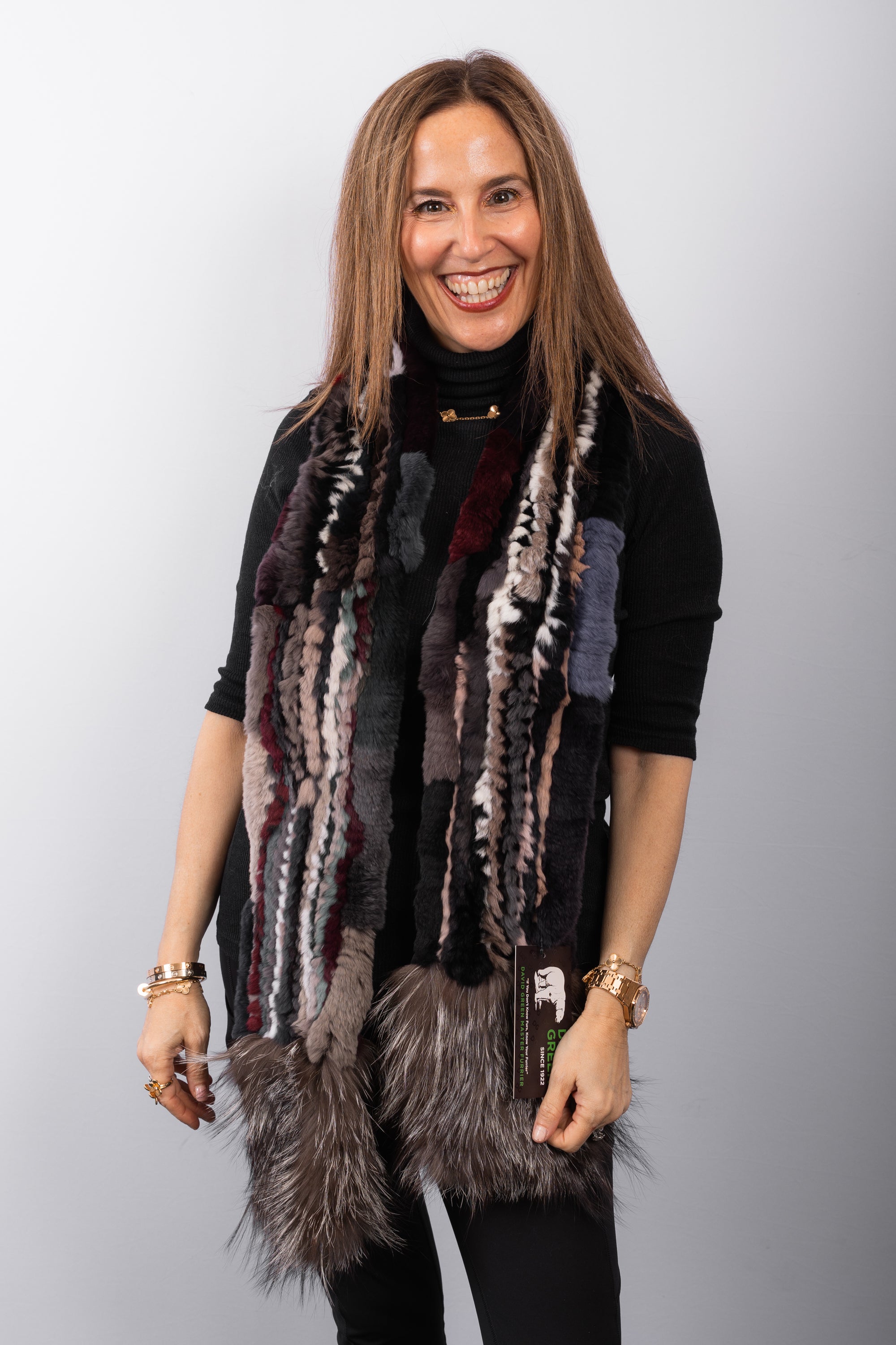 Multicolor Rex Rabbit Scarf with Silver Fox Fur Trim