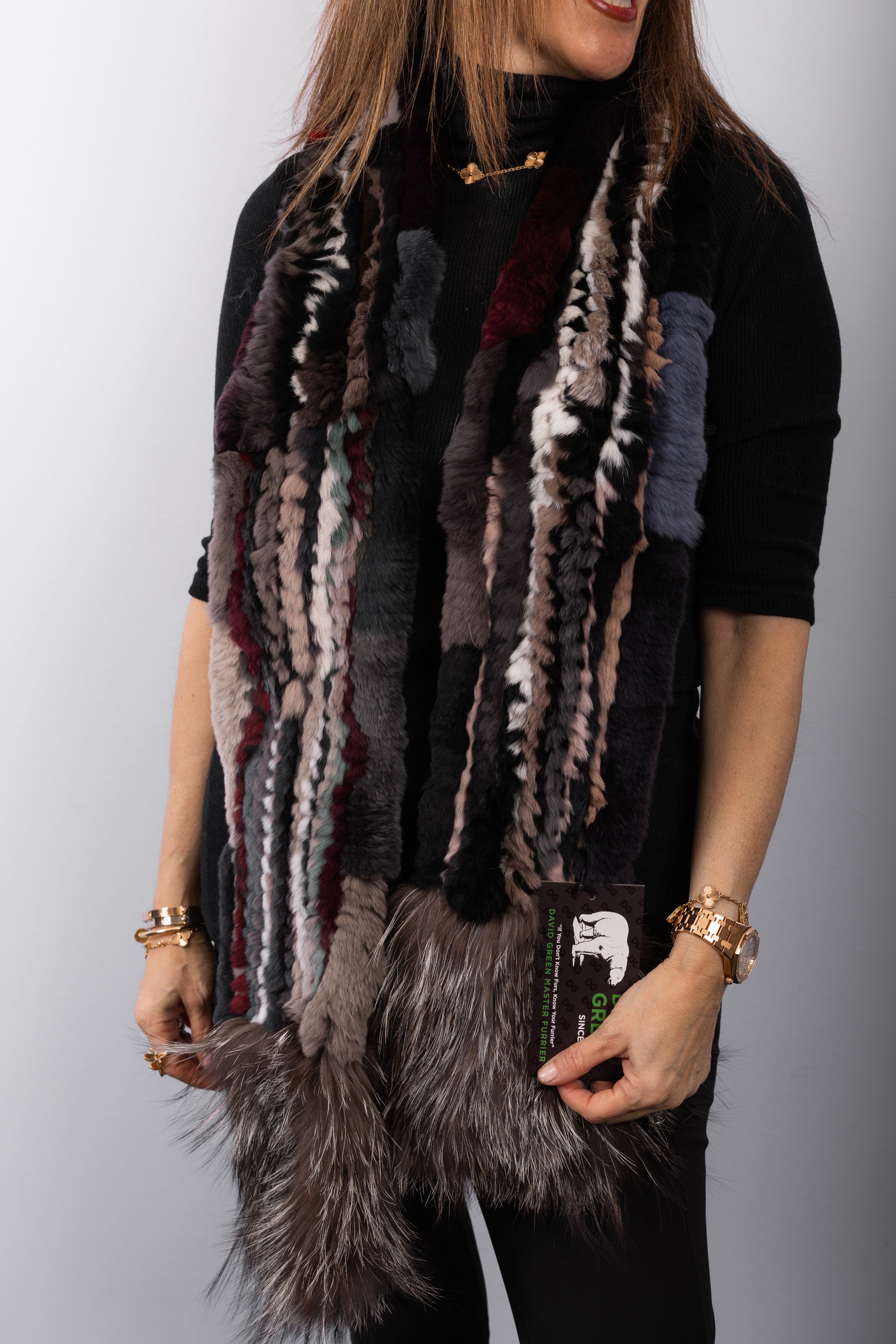 Multicolor Rex Rabbit Scarf with Silver Fox Fur Trim