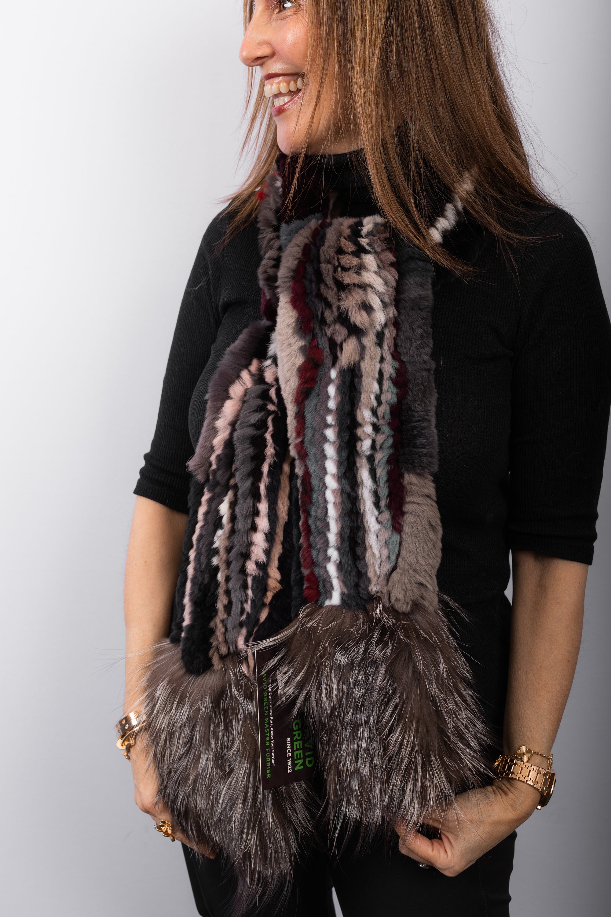 Multicolor Rex Rabbit Scarf with Silver Fox Fur Trim