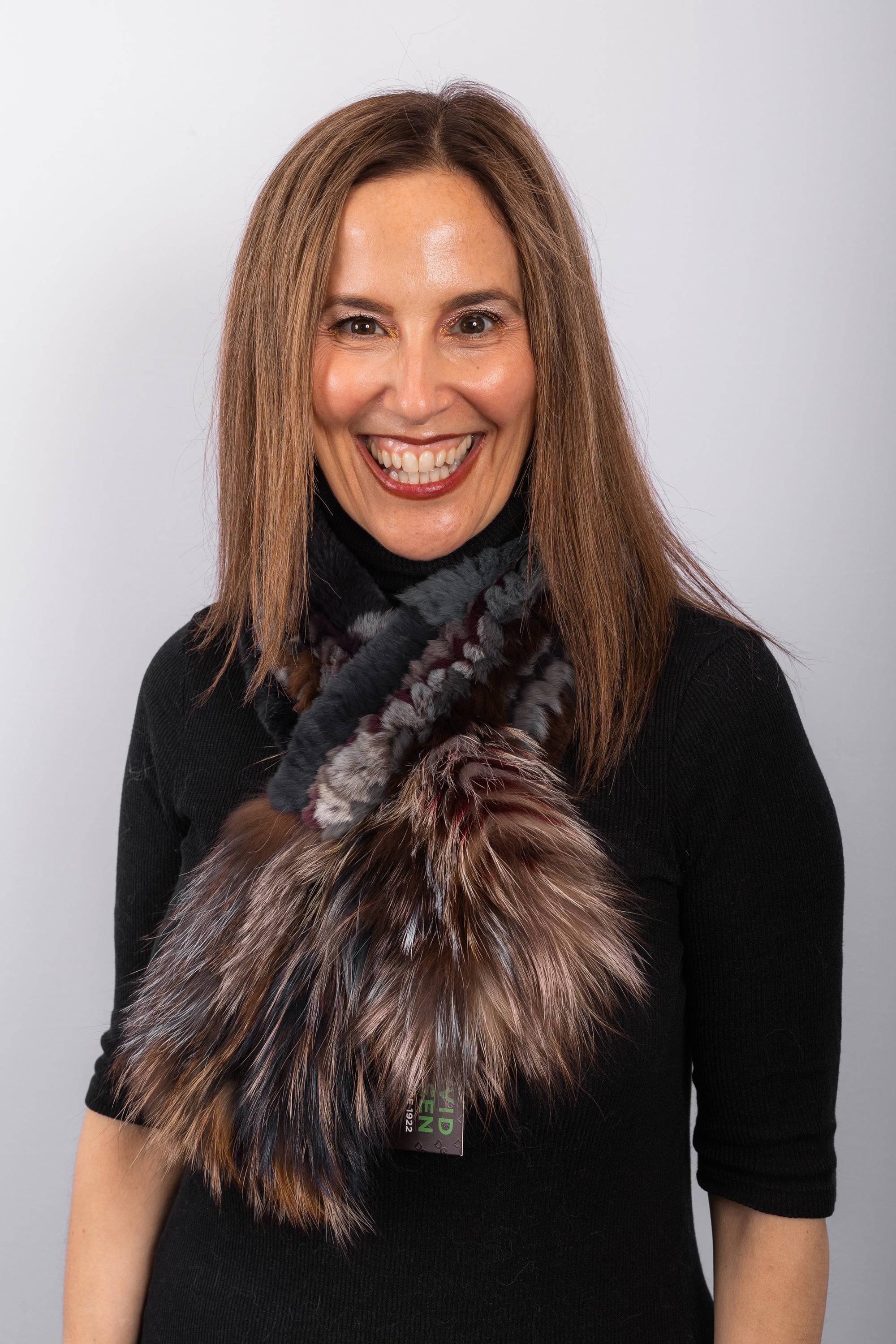 Multicolor Rex Rabbit Scarf with Multi Silver Fox Fur Trim