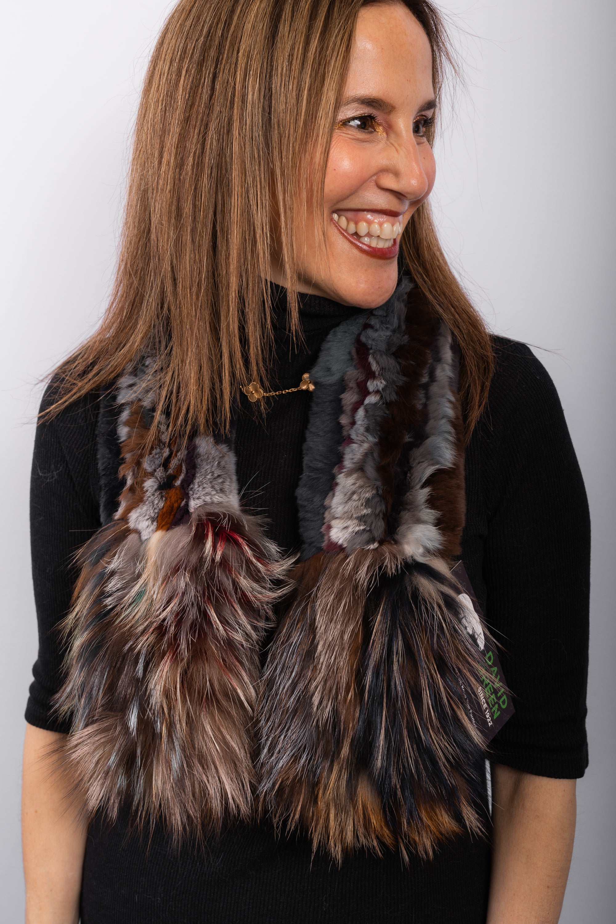 Multicolor Rex Rabbit Scarf with Multi Silver Fox Fur Trim
