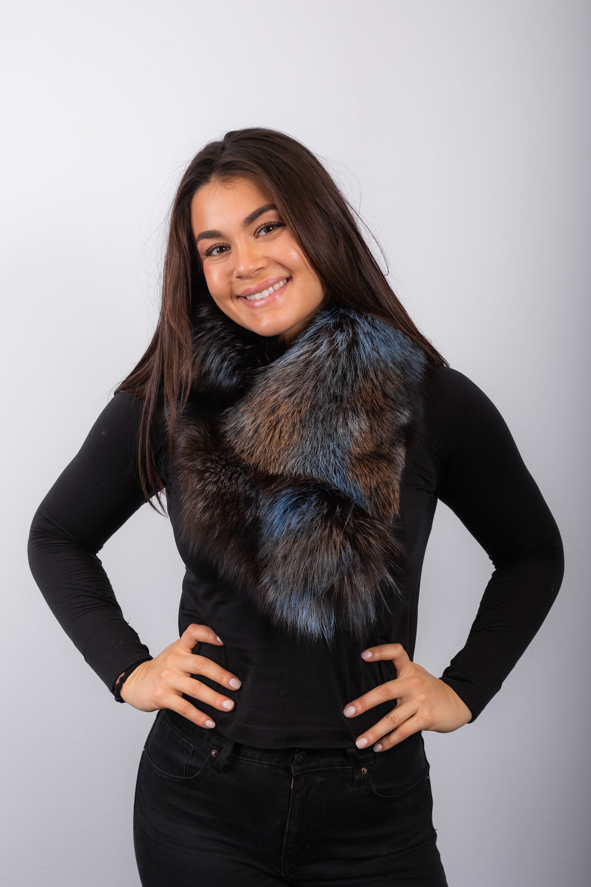 Sky Blue/Cafe Silver Fox Fur Collar