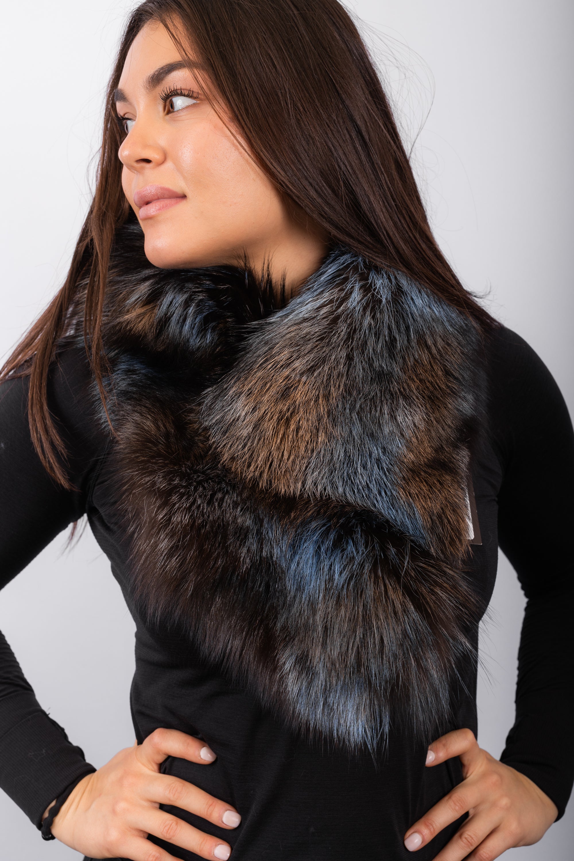 Sky Blue/Cafe Silver Fox Fur Collar