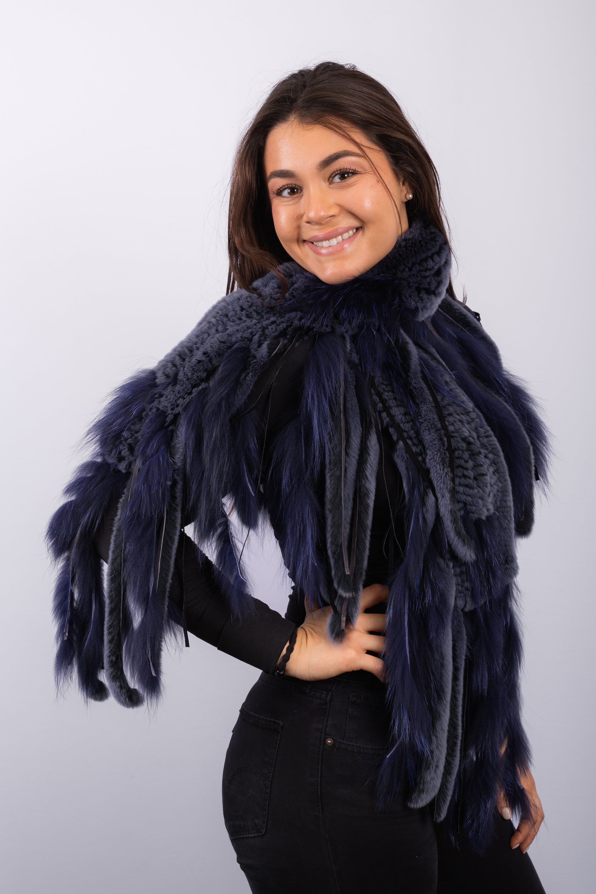 Smoked Denim Rex Rabbit Scarf with Cobalt Silver Fox Fur Fringes