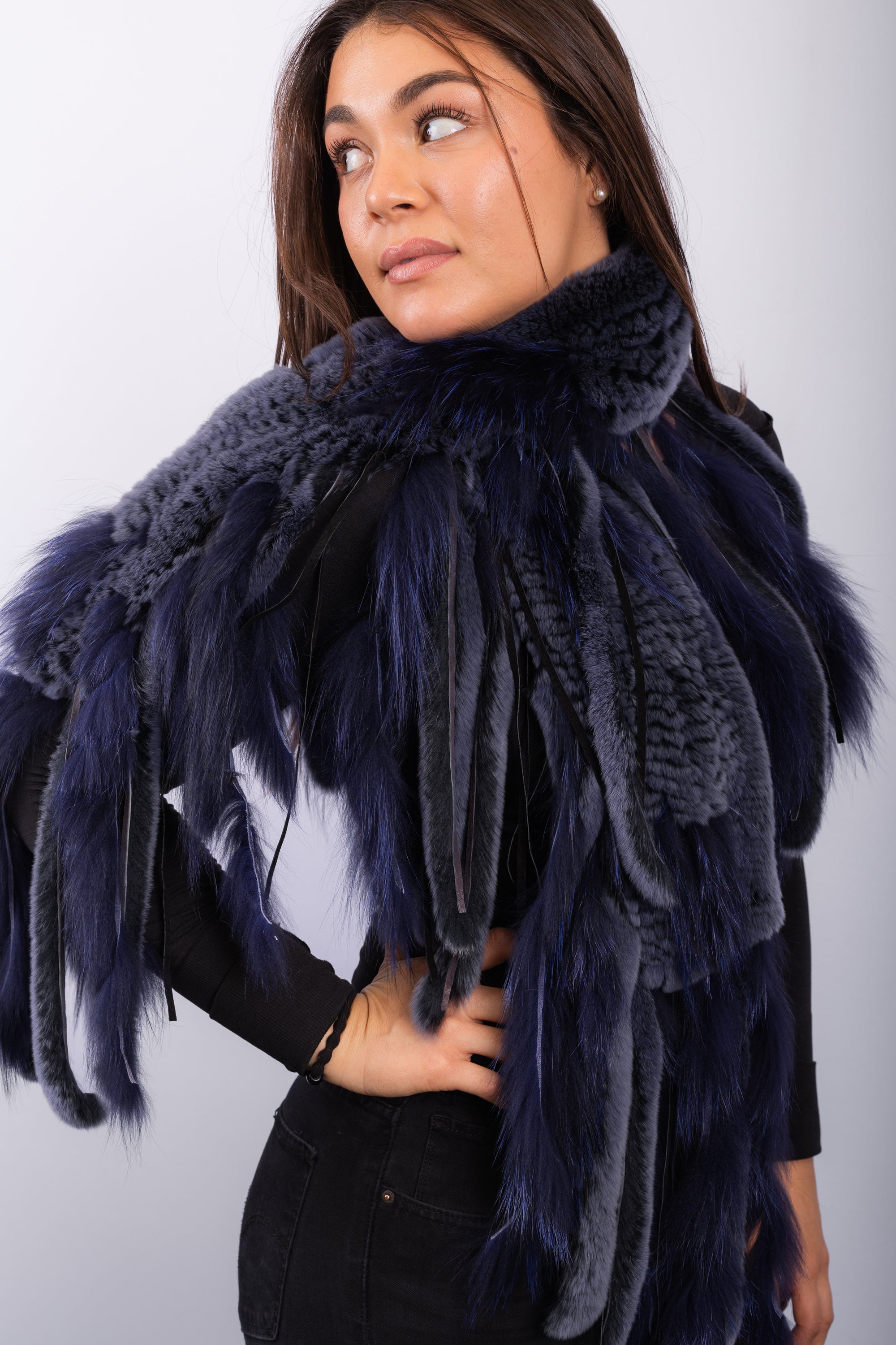 Smoked Denim Rex Rabbit Scarf with Cobalt Silver Fox Fur Fringes