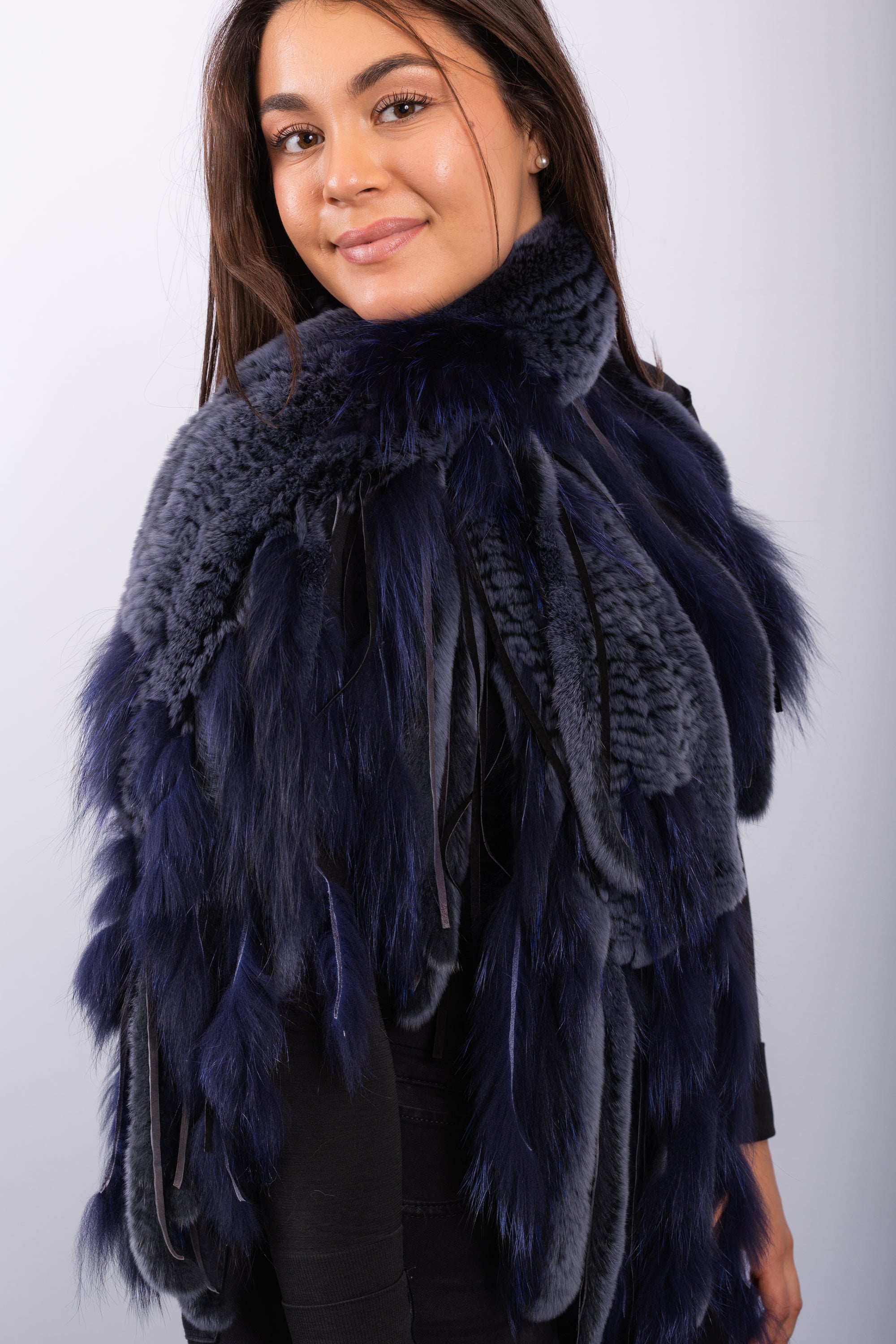 Smoked Denim Rex Rabbit Scarf with Cobalt Silver Fox Fur Fringes