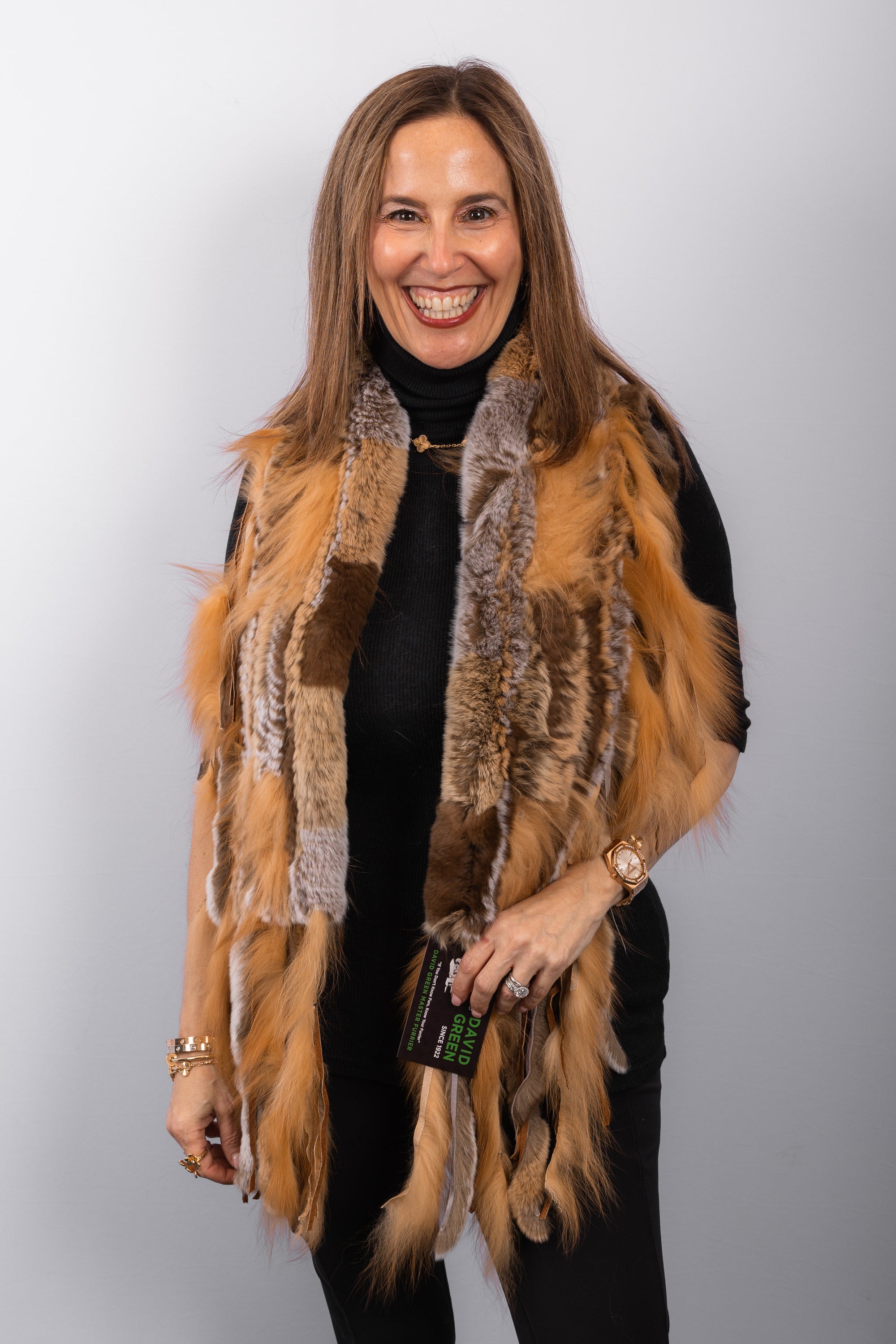 Toffee/Chinchilla Rex Rabbit Scarf with Red Fox Fur Fringes