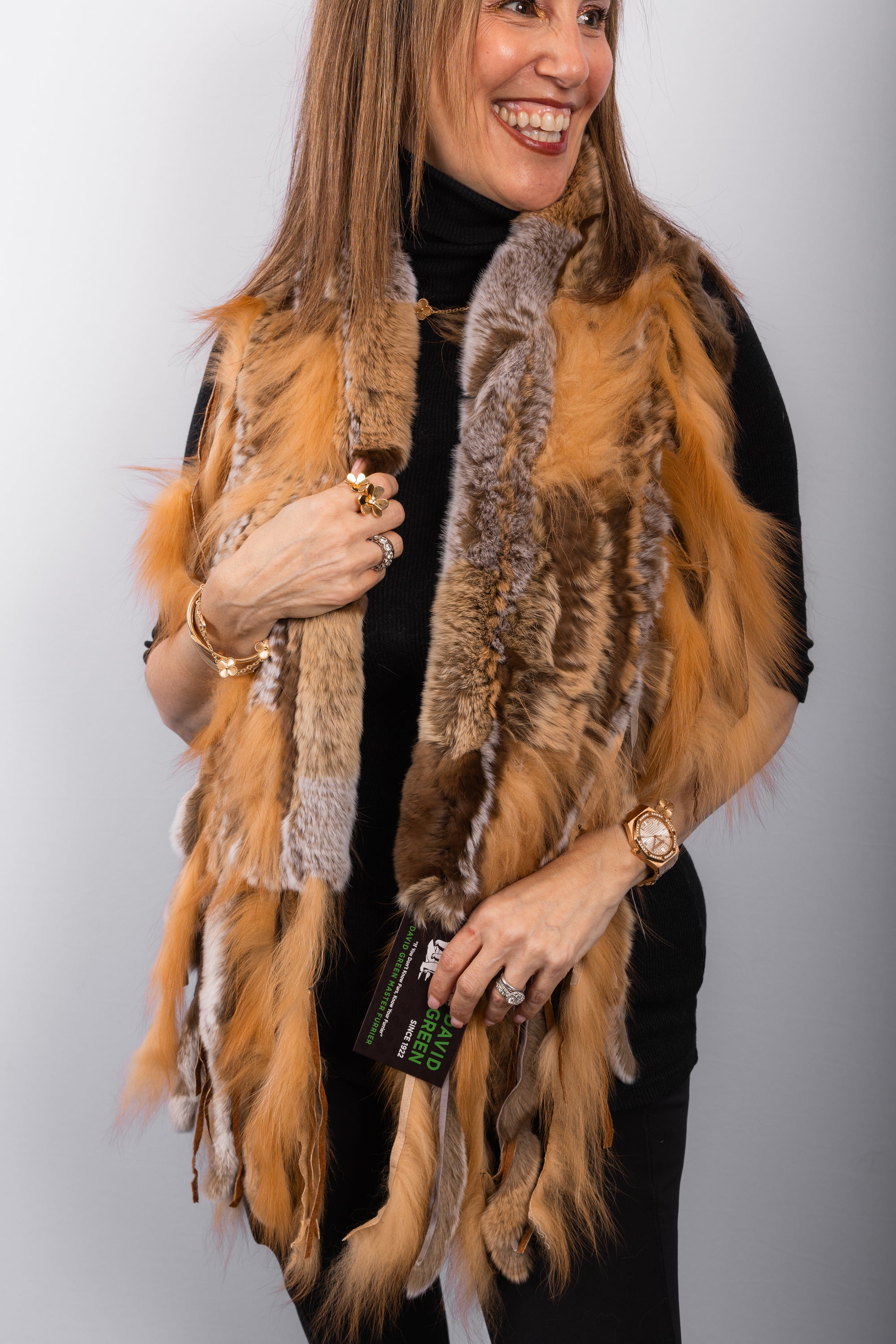 Toffee/Chinchilla Rex Rabbit Scarf with Red Fox Fur Fringes